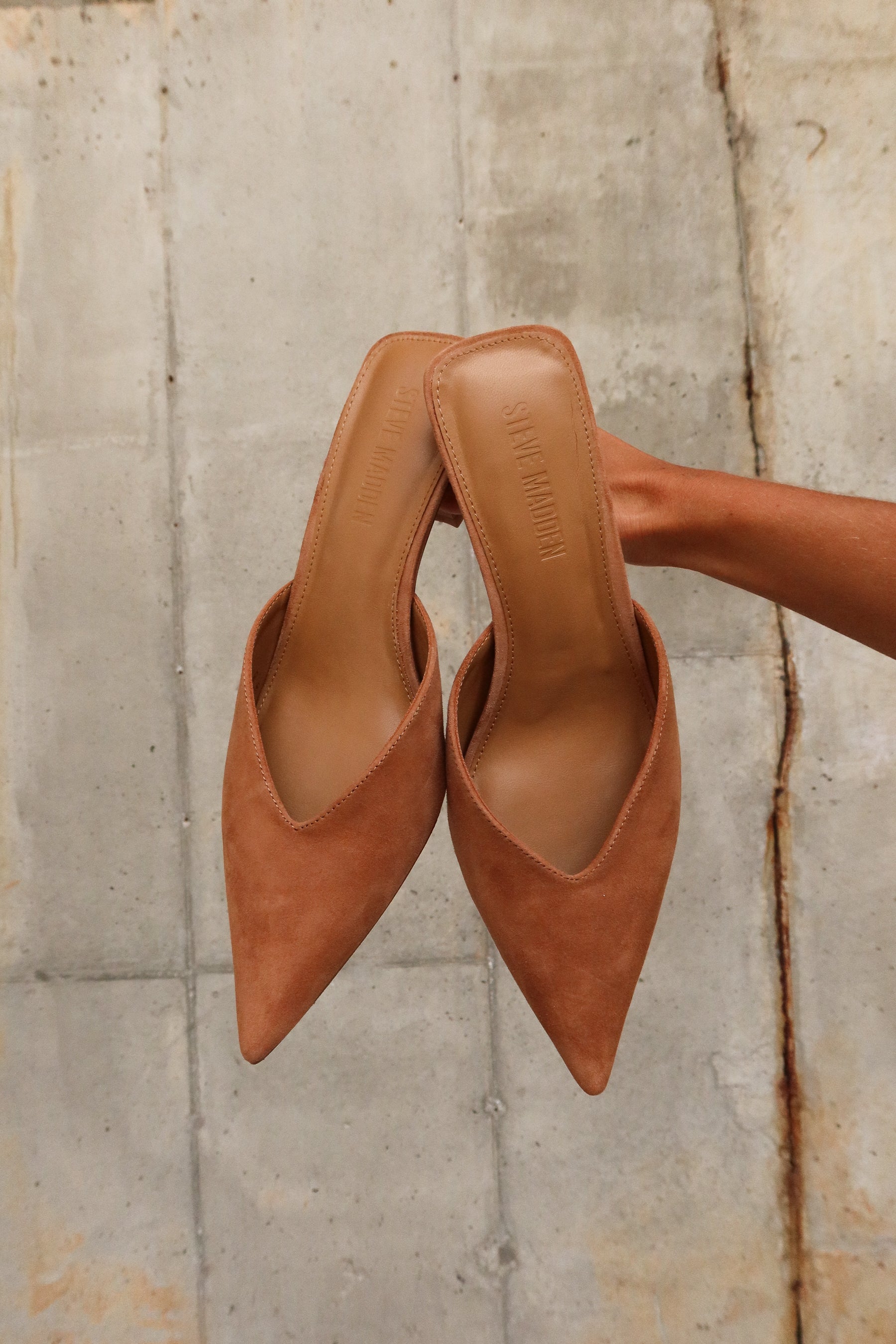 Steve Madden Mod Chestnut Suede Dress Mule- full close up front view