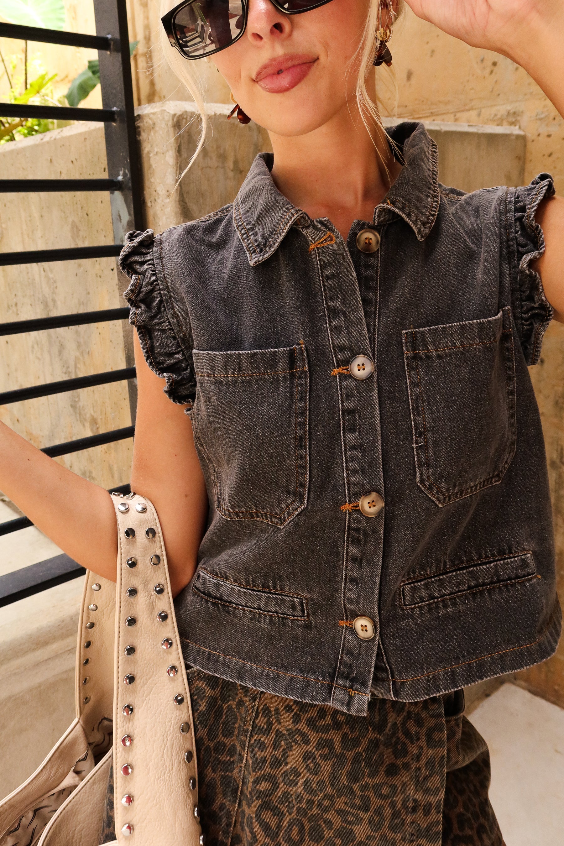 Lola Charcoal Denim Ruffle Vest - close up