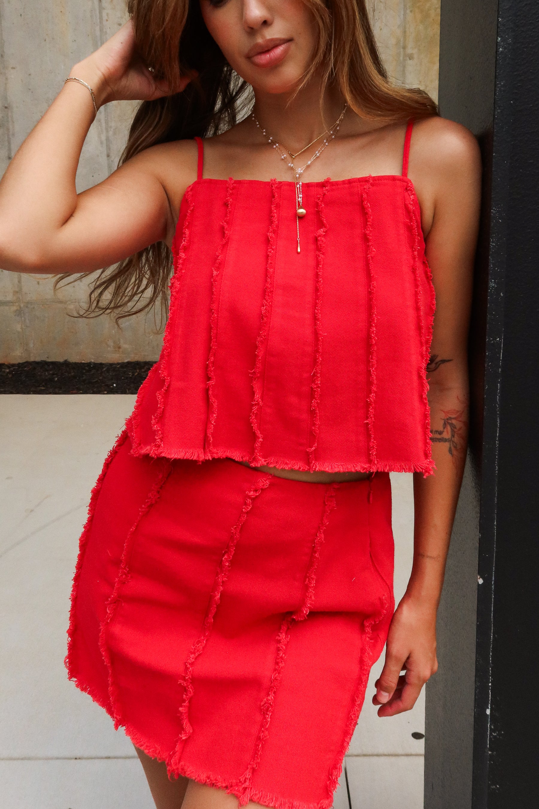 Samara Red Denim Frayed Tank Top - close front view