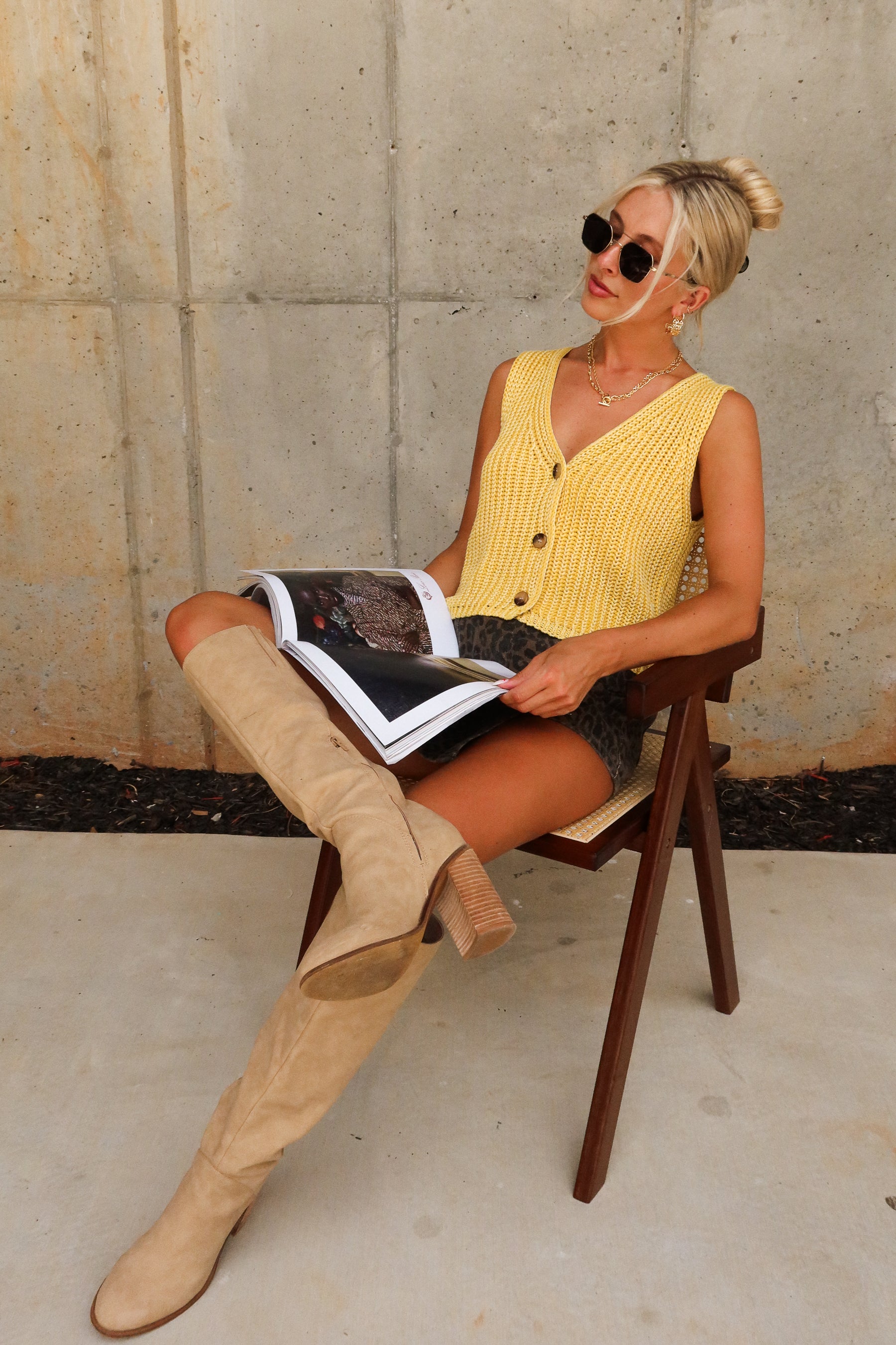 Paula Yellow Button-Front Sleeveless Sweater - sitting view