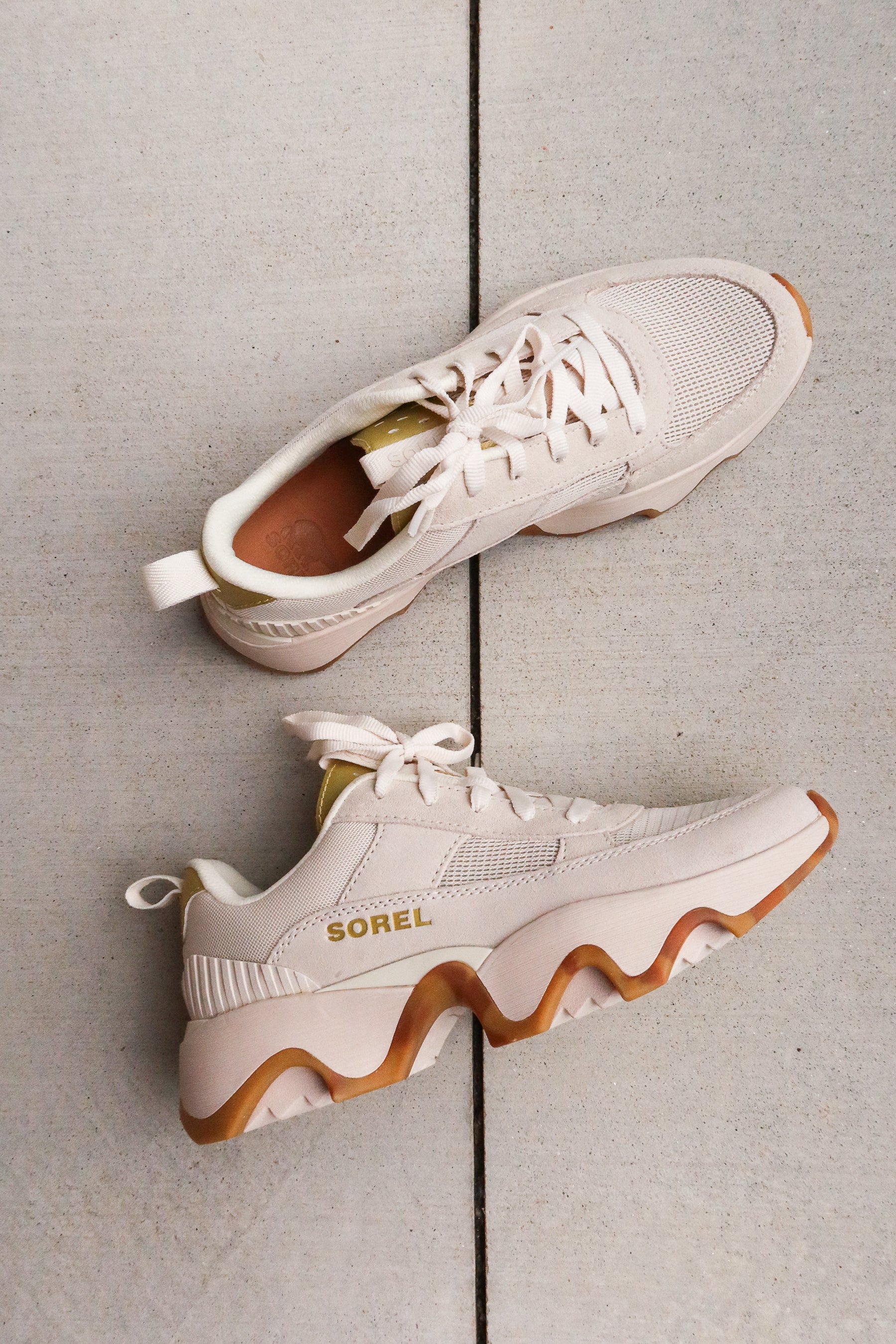 Sorel Kinetic Impact II Wonder Lace True Gold & Chalk Sneaker- left side flat lay view