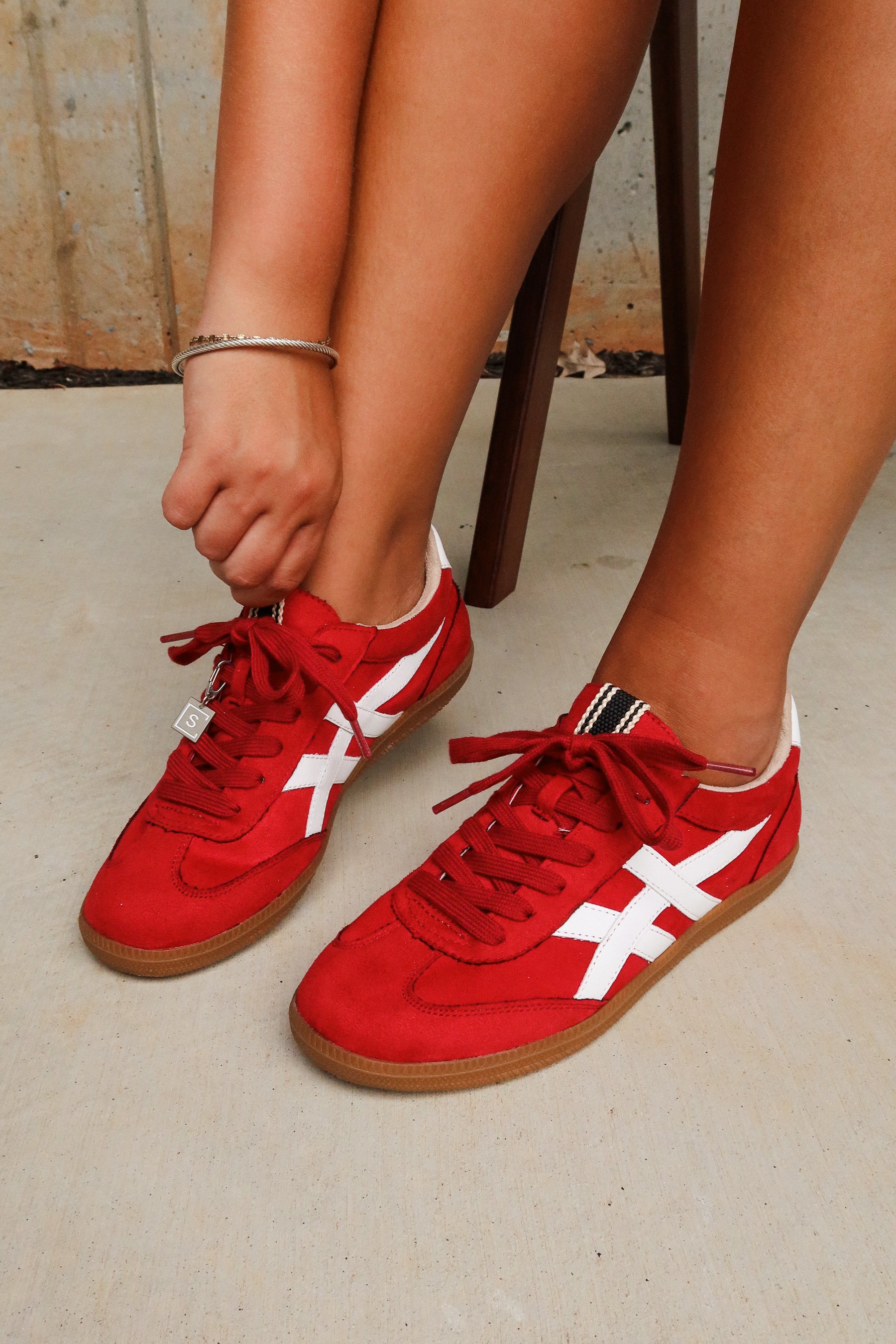 Shu Shop Sasha Red Suede Sneaker- frontal right side view