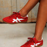 Shu Shop Sasha Red Suede Sneaker- frontal right side angle view