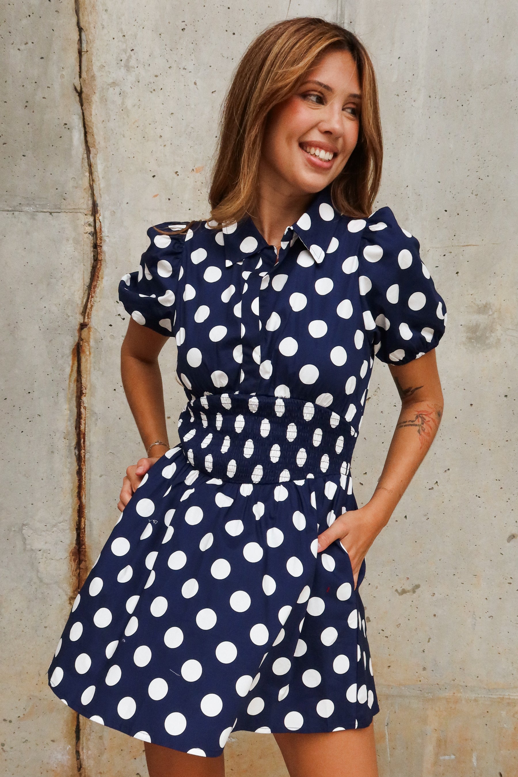 Kellyn Navy & White Polka Dot Mini Dress - front