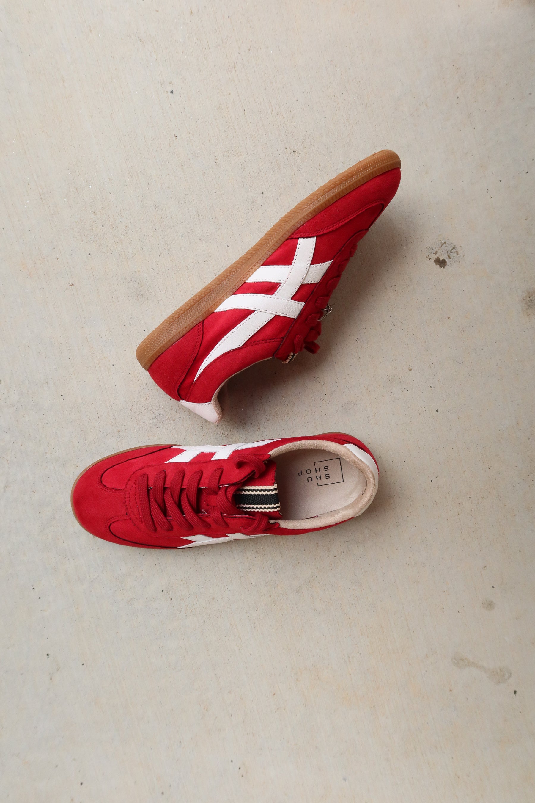 Shu Shop Sasha Red Suede Sneaker- flat lay view