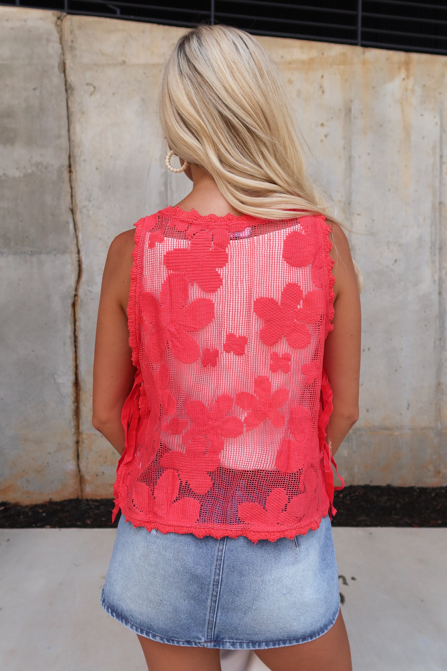 Margot Red Knit Floral Tank- close up back view