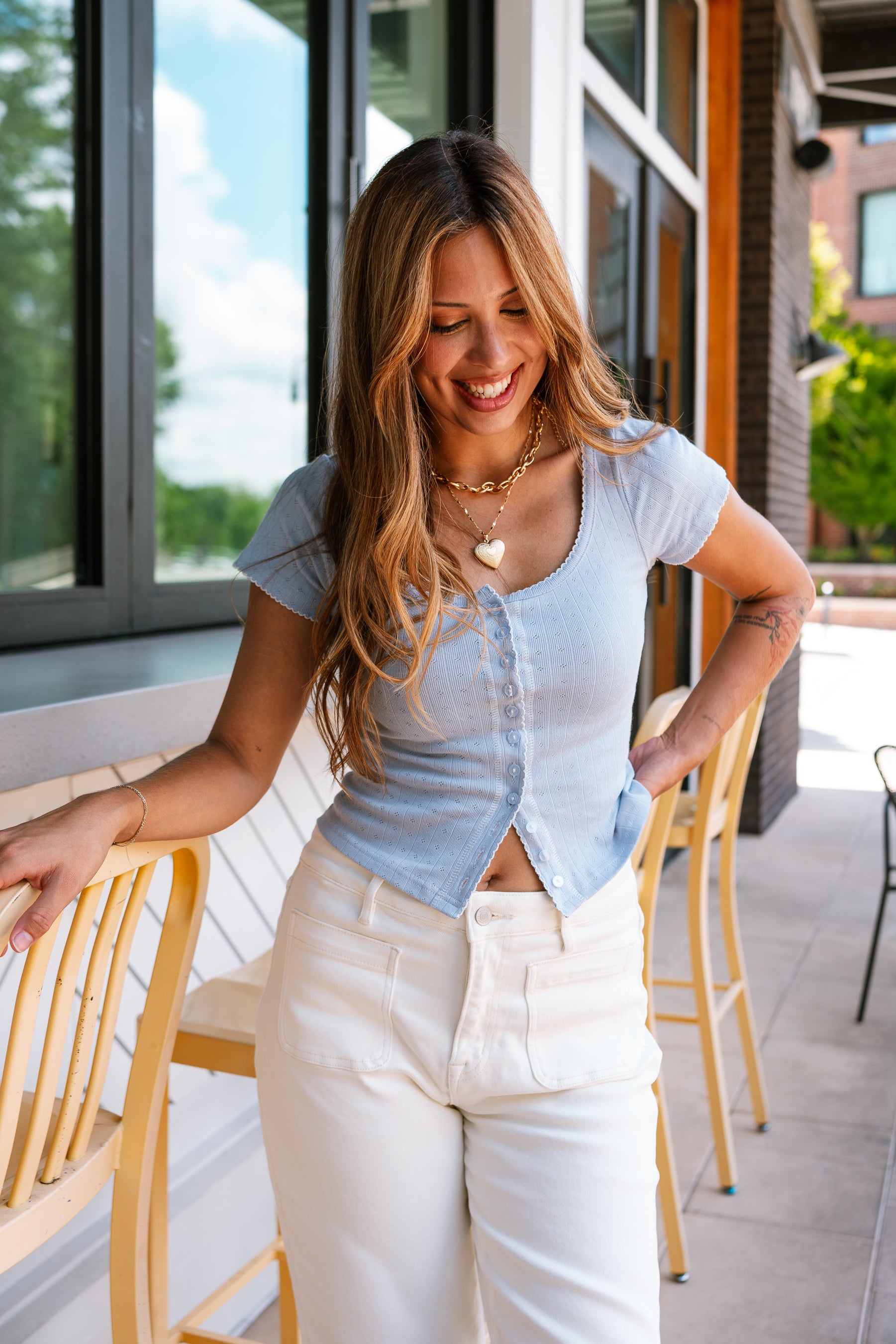 Libby Dusty Blue Button-Up Short Sleeve Top - front 
