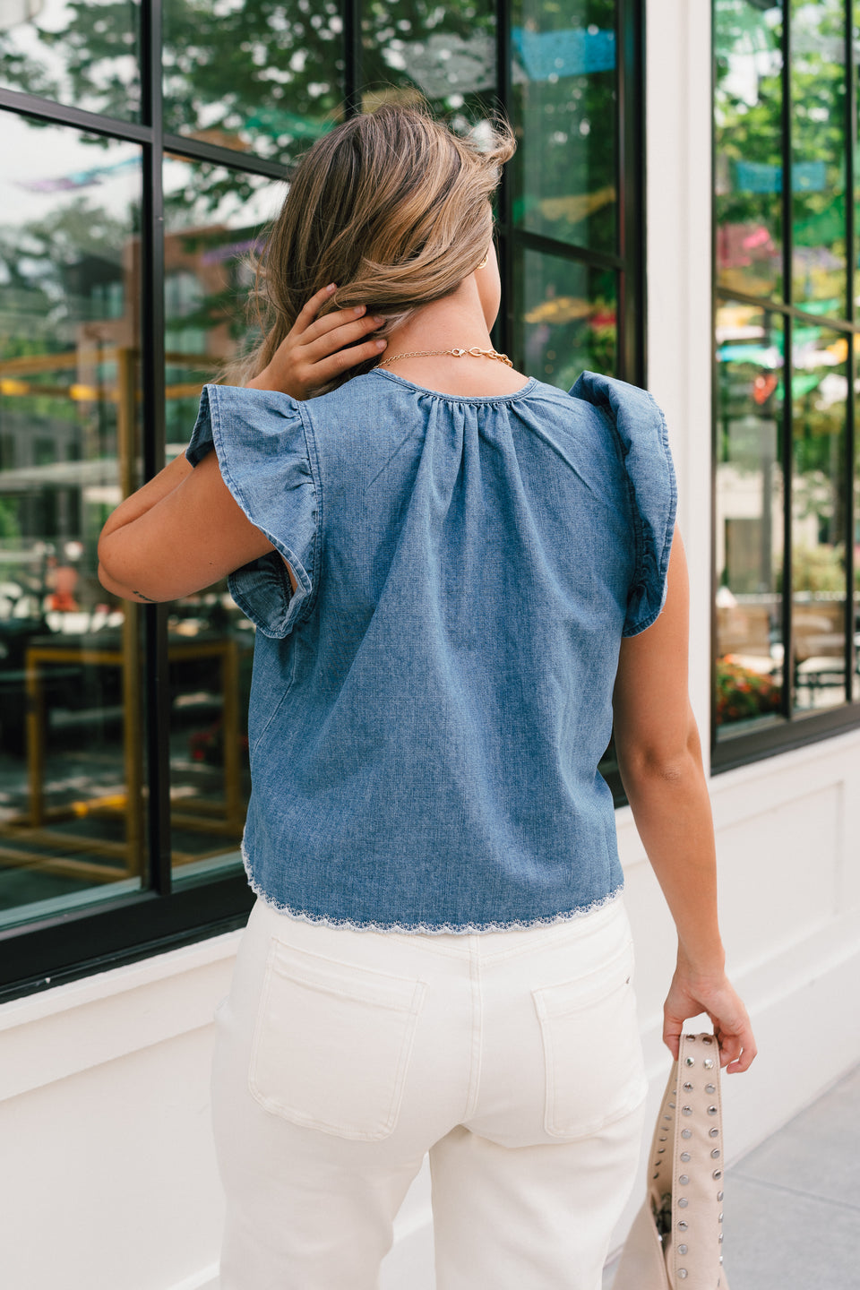 Blue Denim Embroidered Top | Floral Ruffle Sleeve Blouse - Lizard Thicket