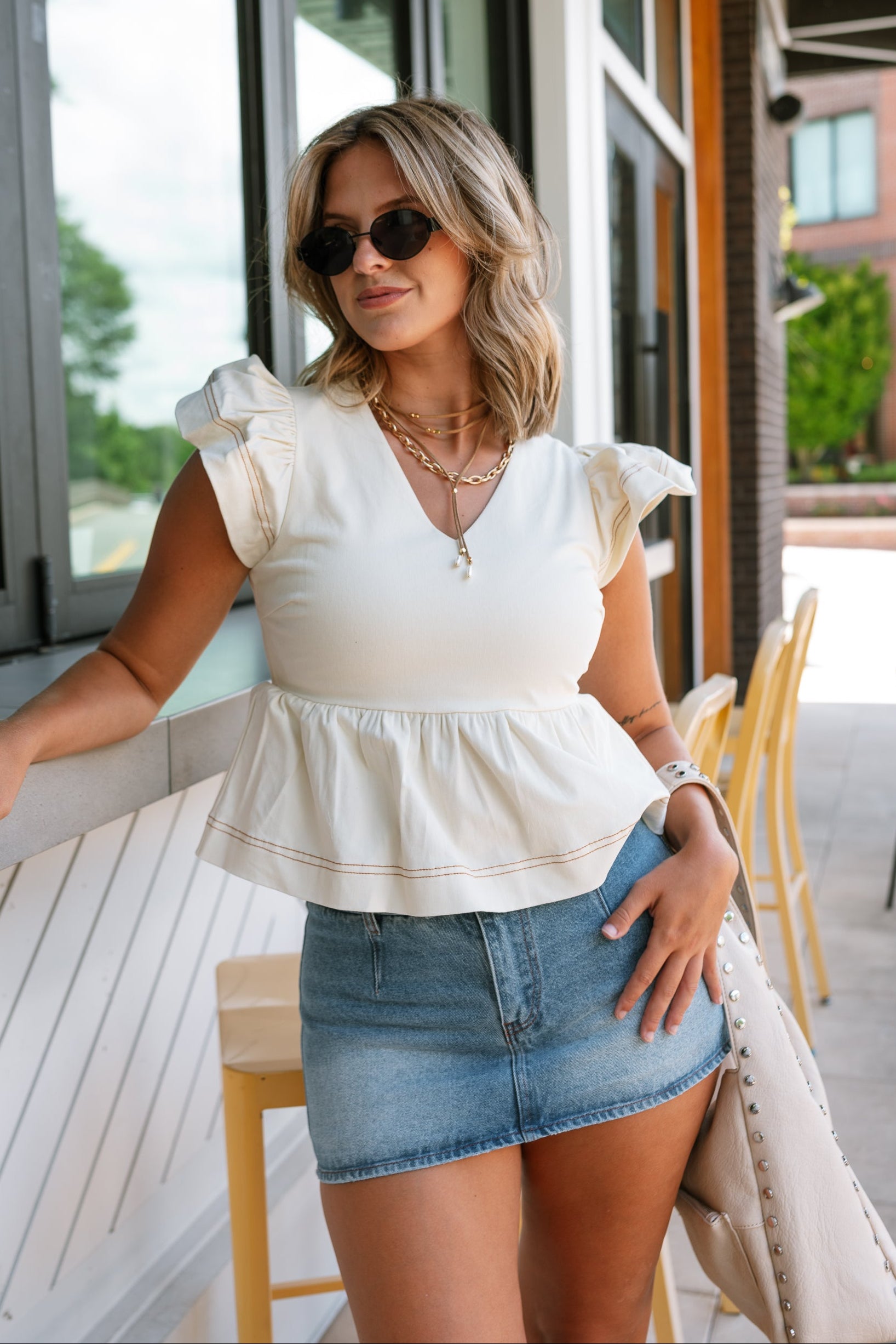 Tory Cream Denim Ruffled Peplum Top - front view