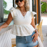 Tory Cream Denim Ruffled Peplum Top - front view