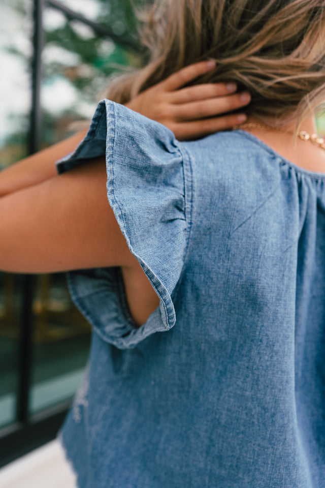 Blue Denim Embroidered Top | Floral Ruffle Sleeve Blouse - Lizard Thicket