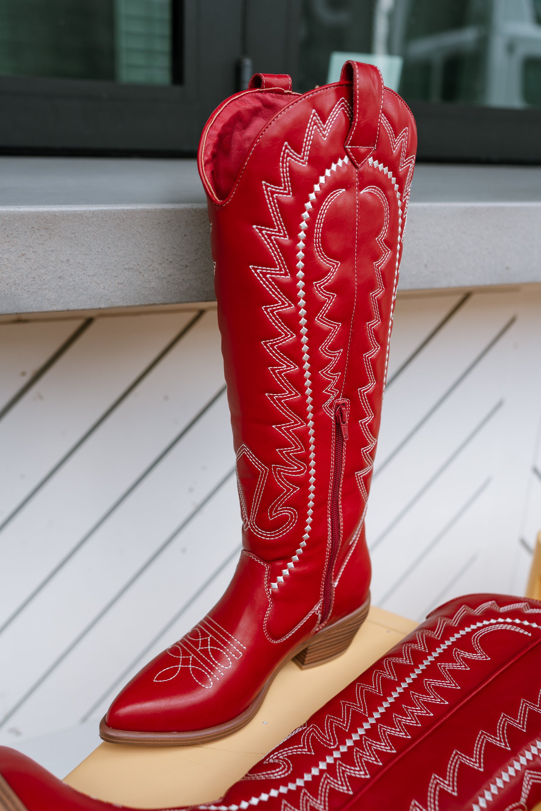 Mia Locklyn Red Western Tall Boot- close up frontal side view