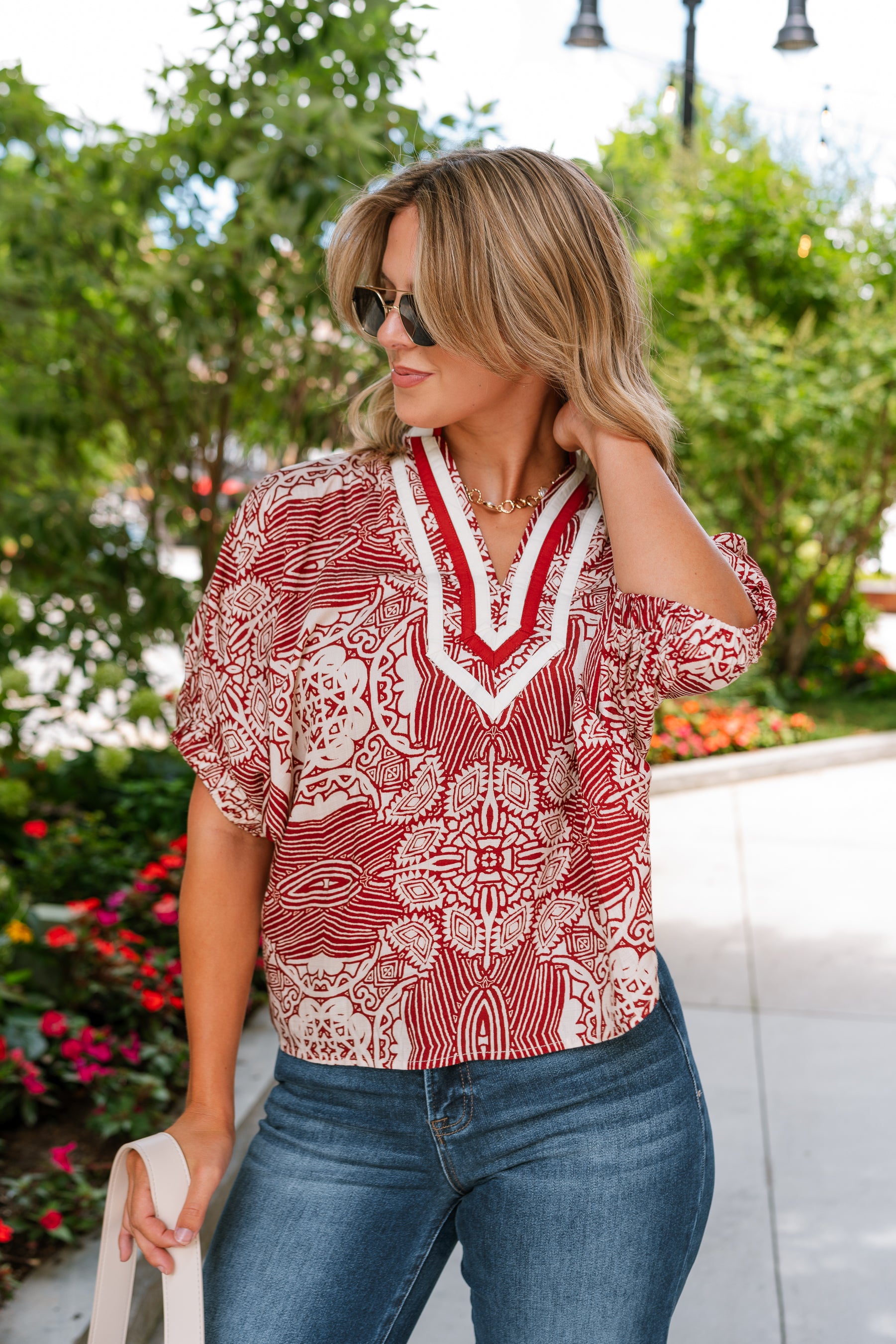 Saylor Rust & Cream Abstract Short Sleeve Top- front view