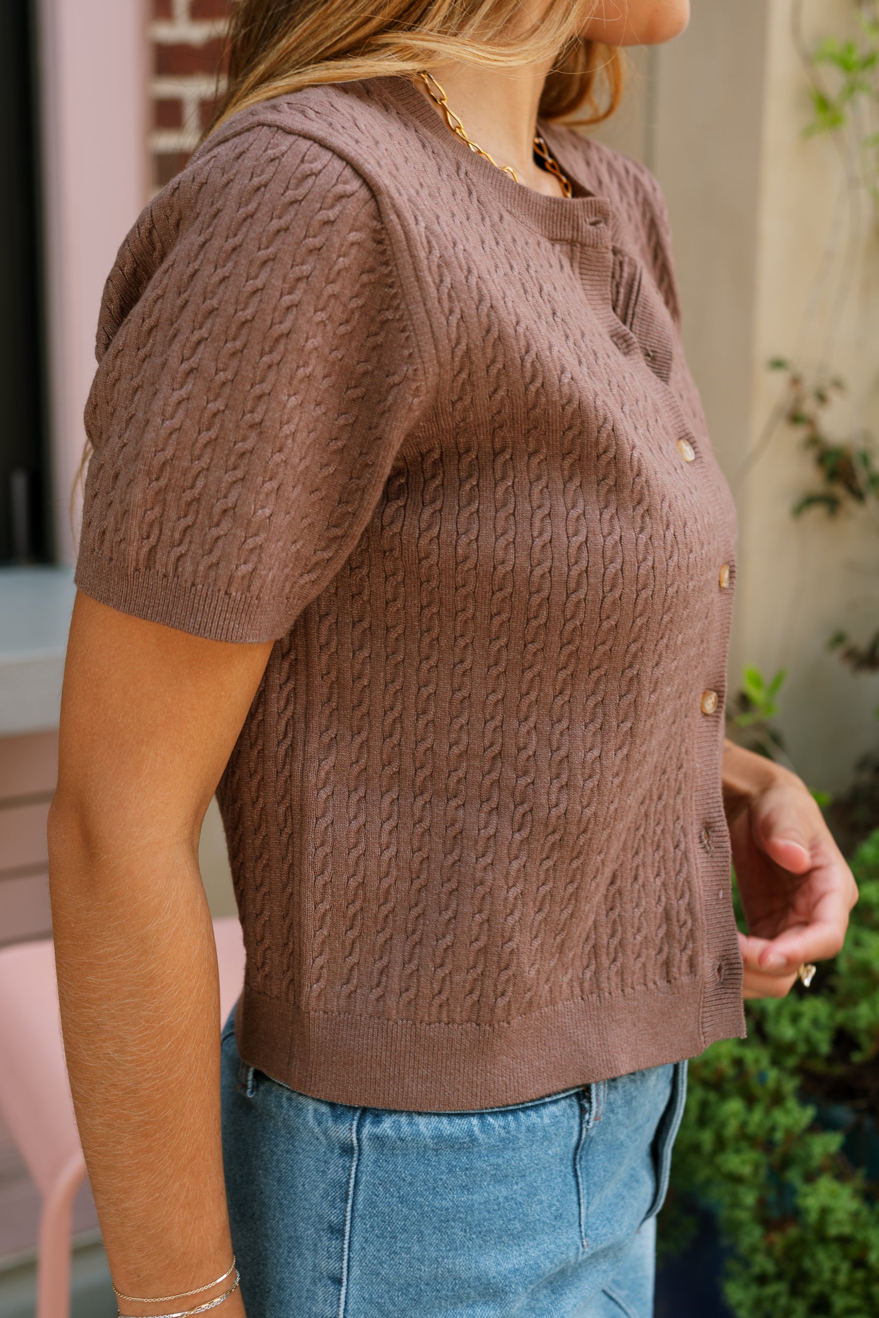 Ryleigh Brown Knit Button-Up Cardigan- close up side view