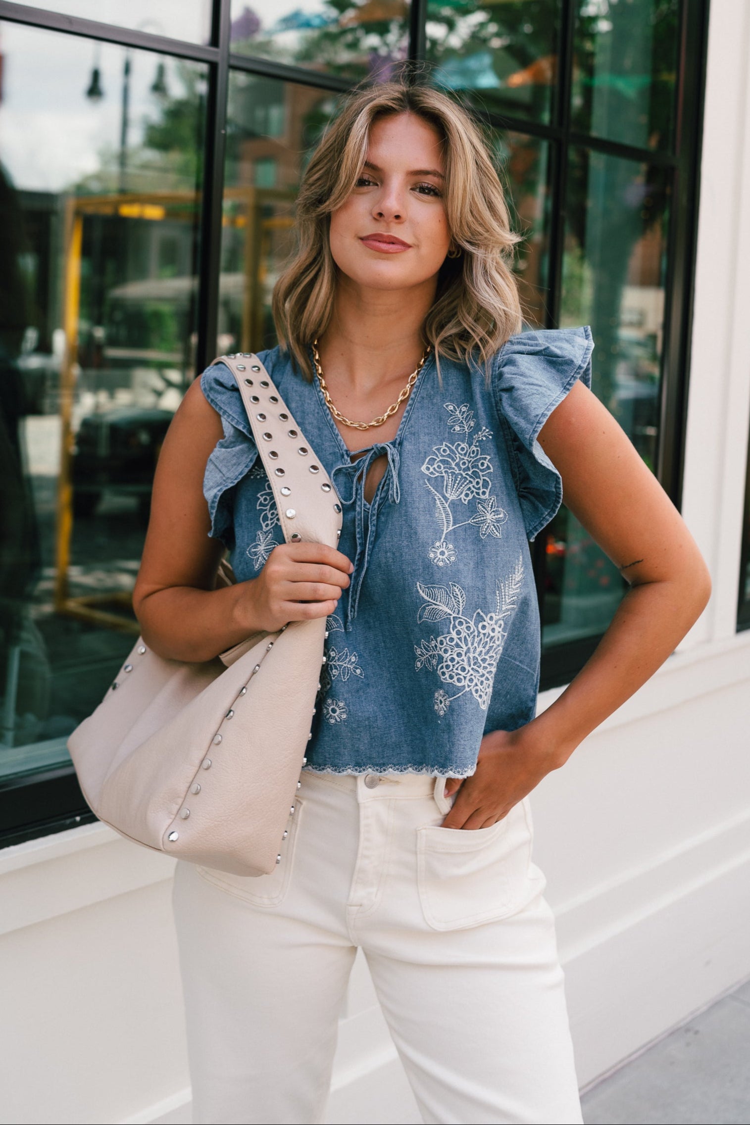 Blue Denim Embroidered Top | Floral Ruffle Sleeve Blouse - Lizard Thicket