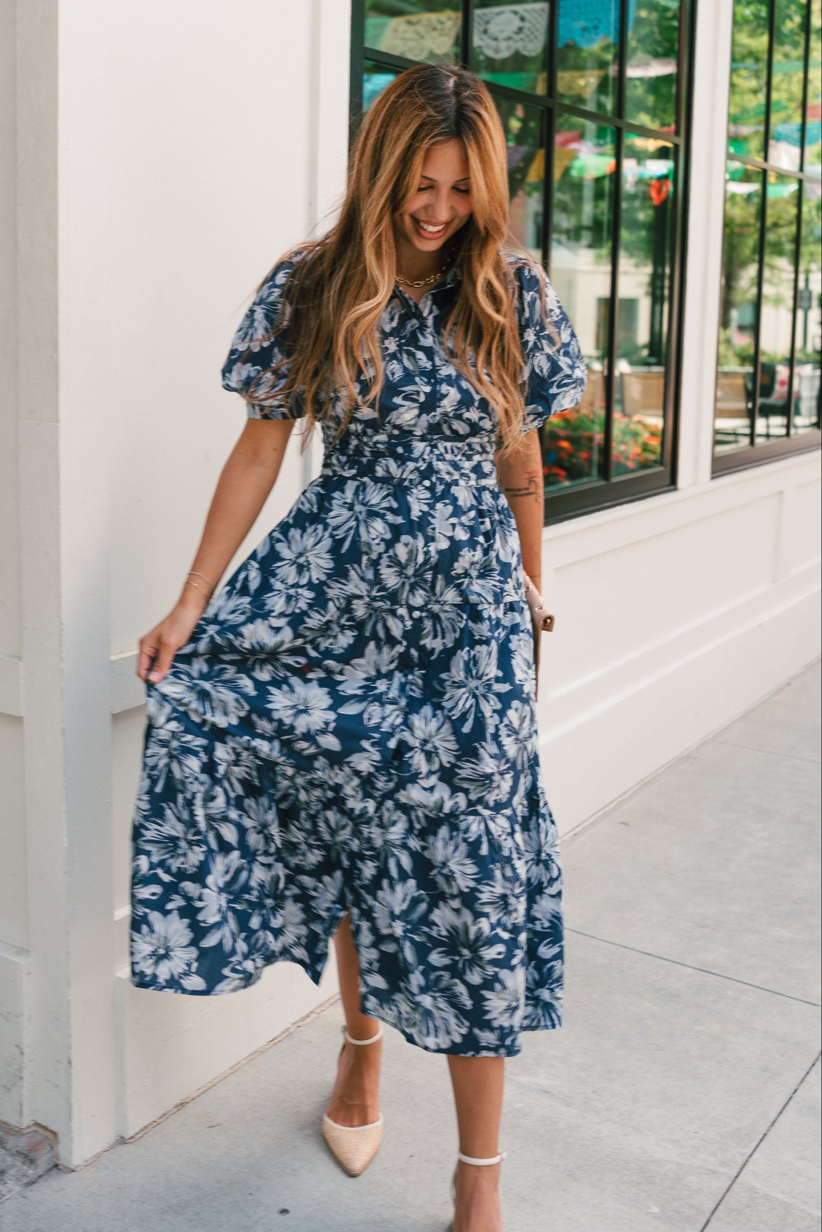 Abigail Blue Floral Short Sleeve Midi Dress - full body front view