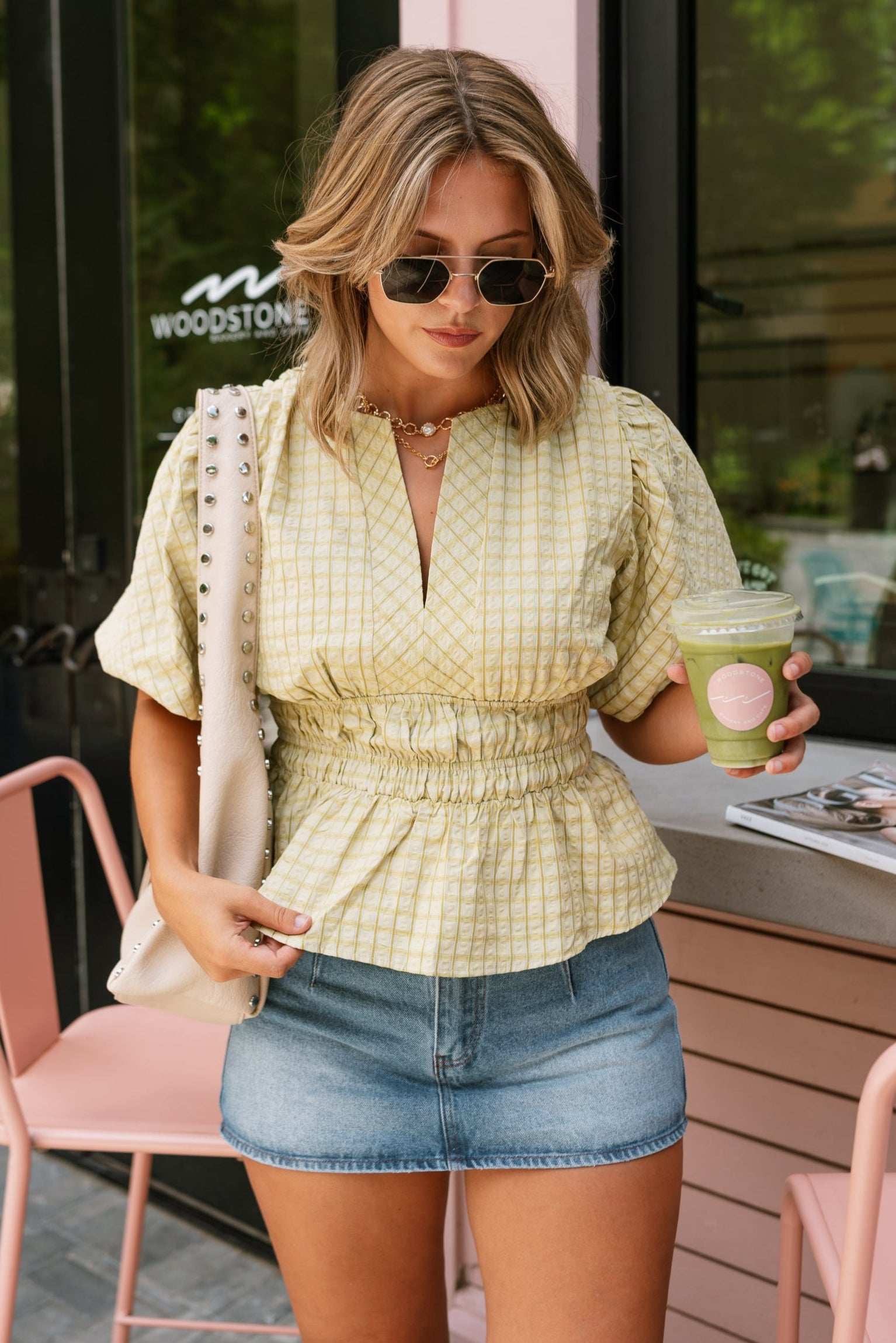 Clara Chartreuse Green Short Puff Sleeves Top- front view