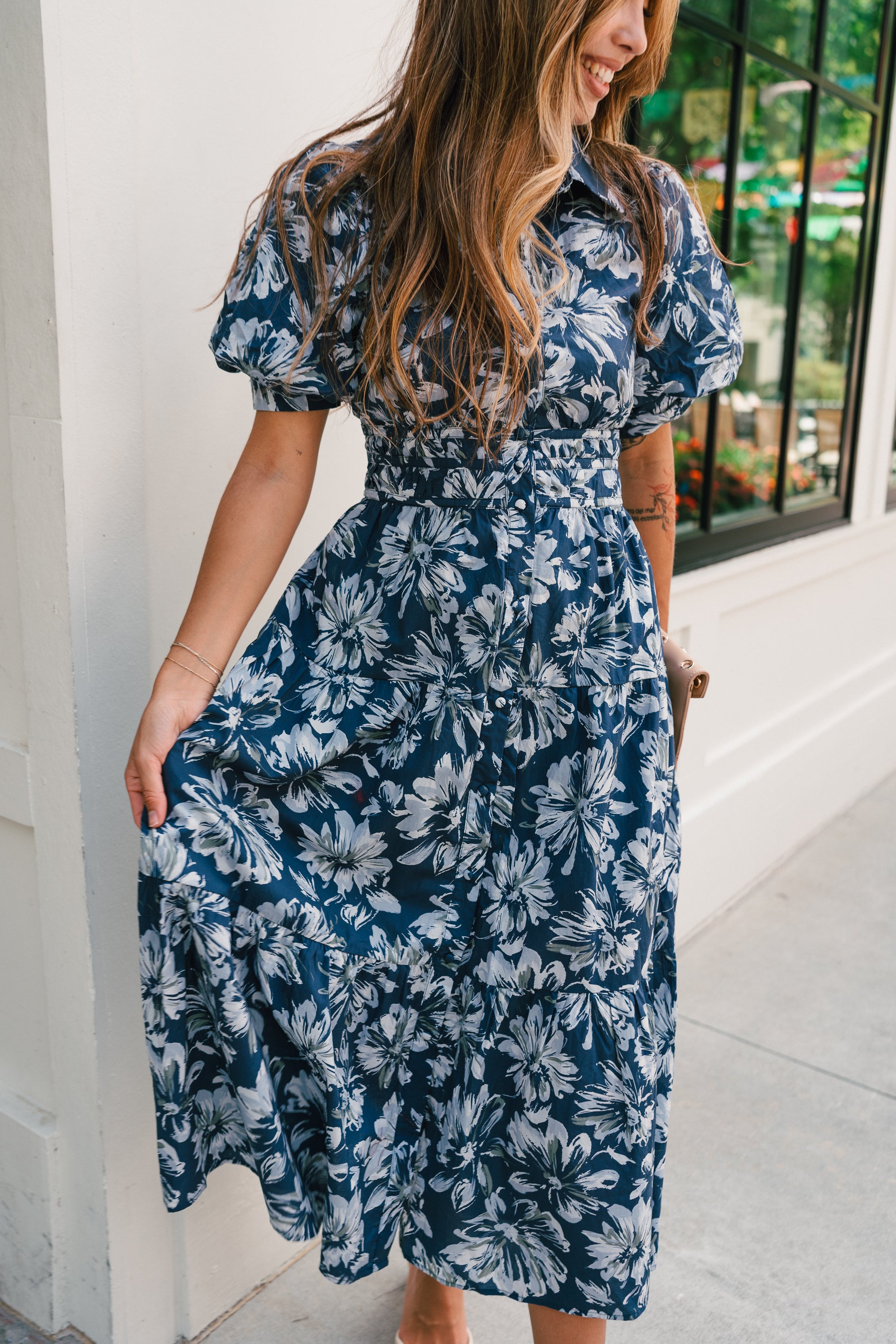 Abigail Blue Floral Short Sleeve Midi Dress - front view