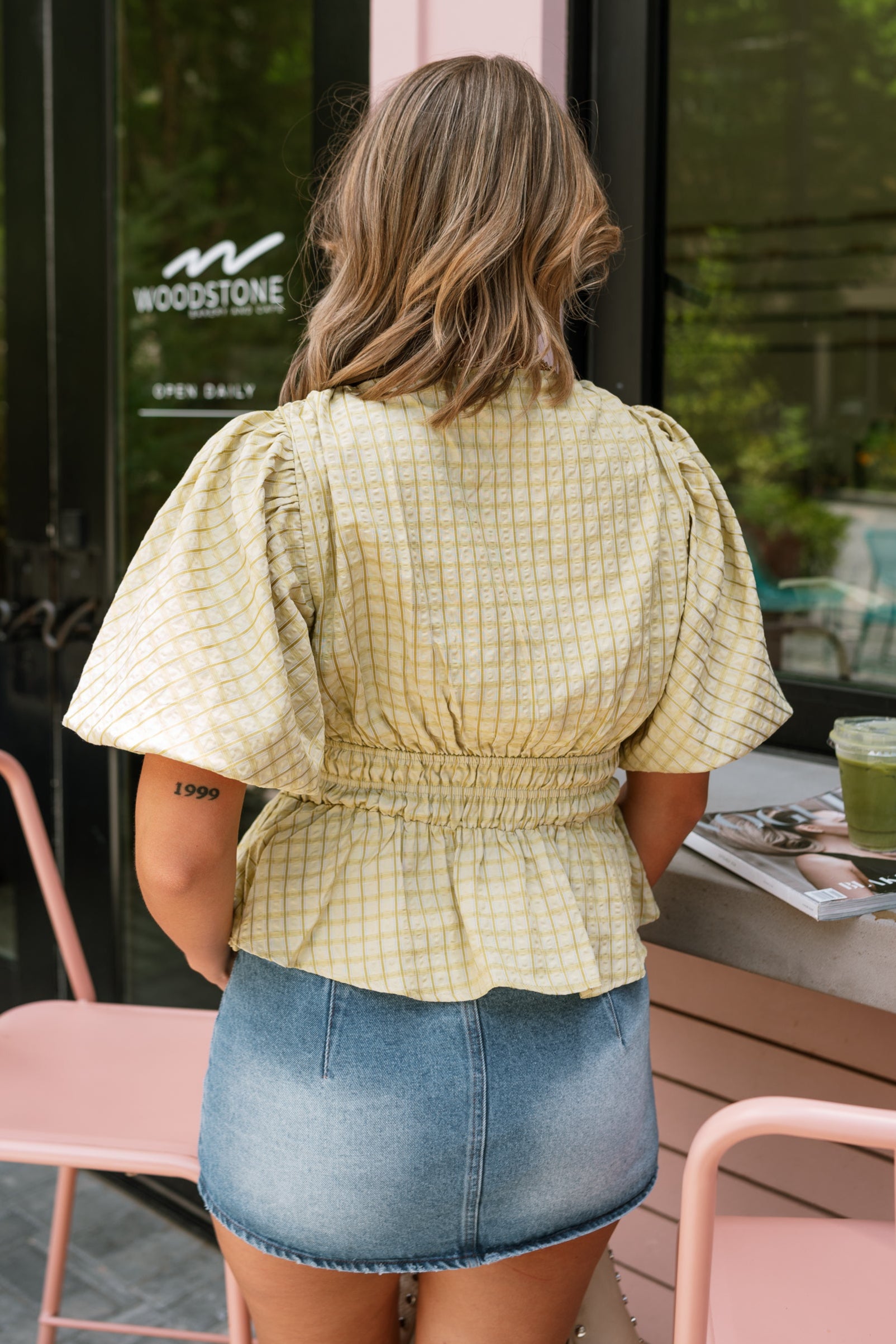Clara Chartreuse Green Short Puff Sleeves Top- back view