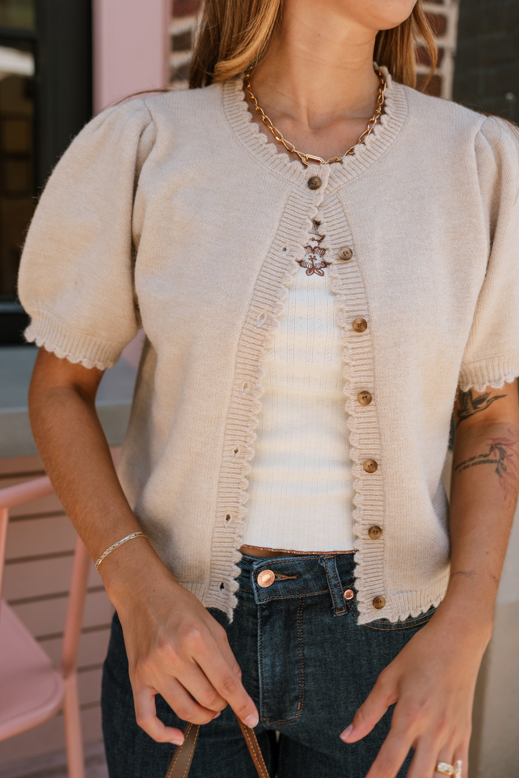 Ella Cream Scallop Button-Up Cardigan- close up view