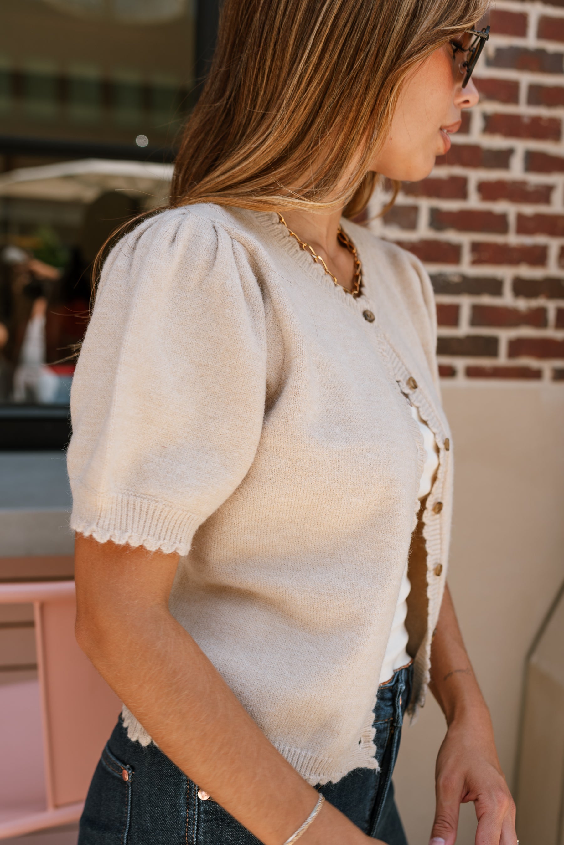 Ella Cream Scallop Button-Up Cardigan- close up side view