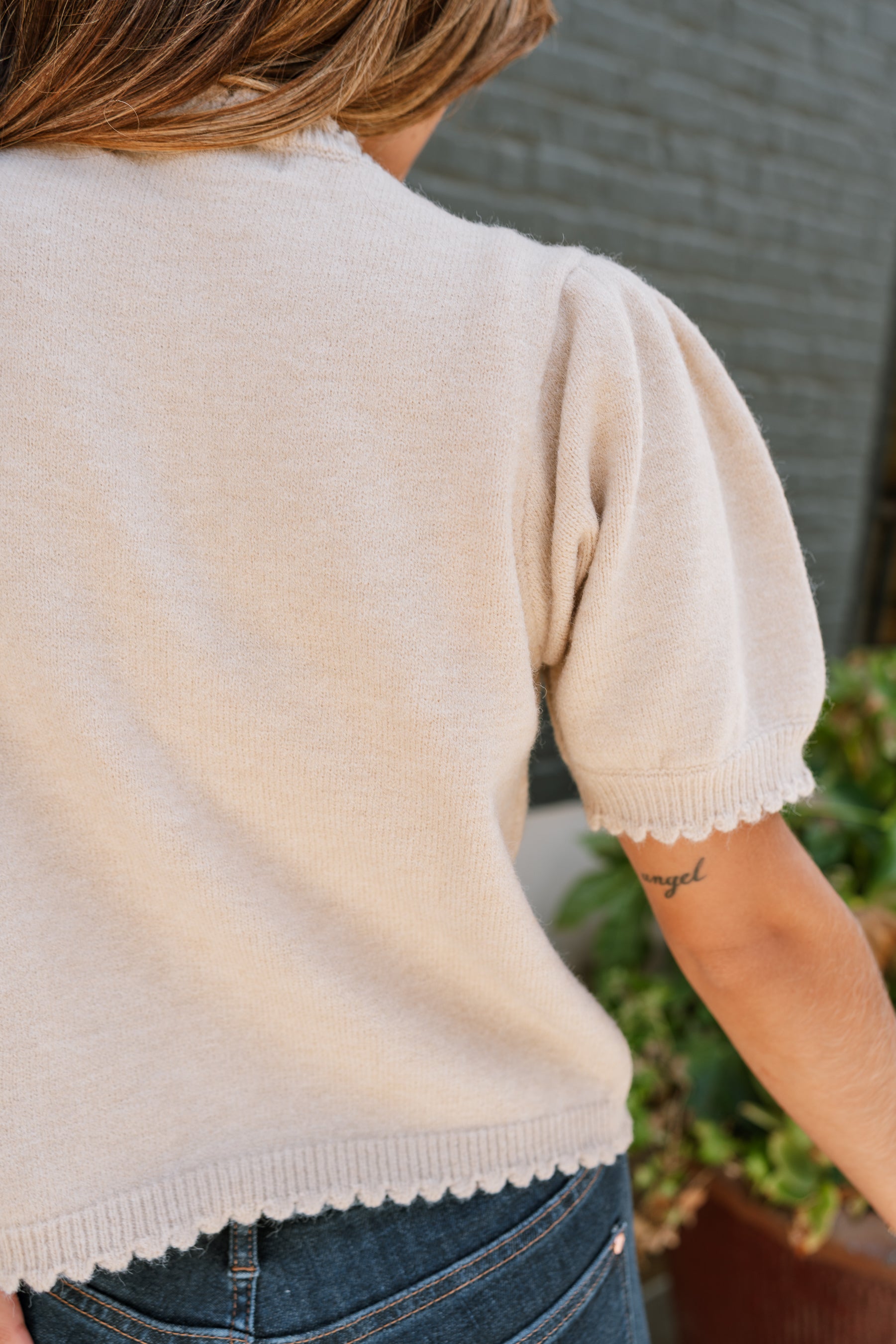 Ella Cream Scallop Button-Up Cardigan- close up back view