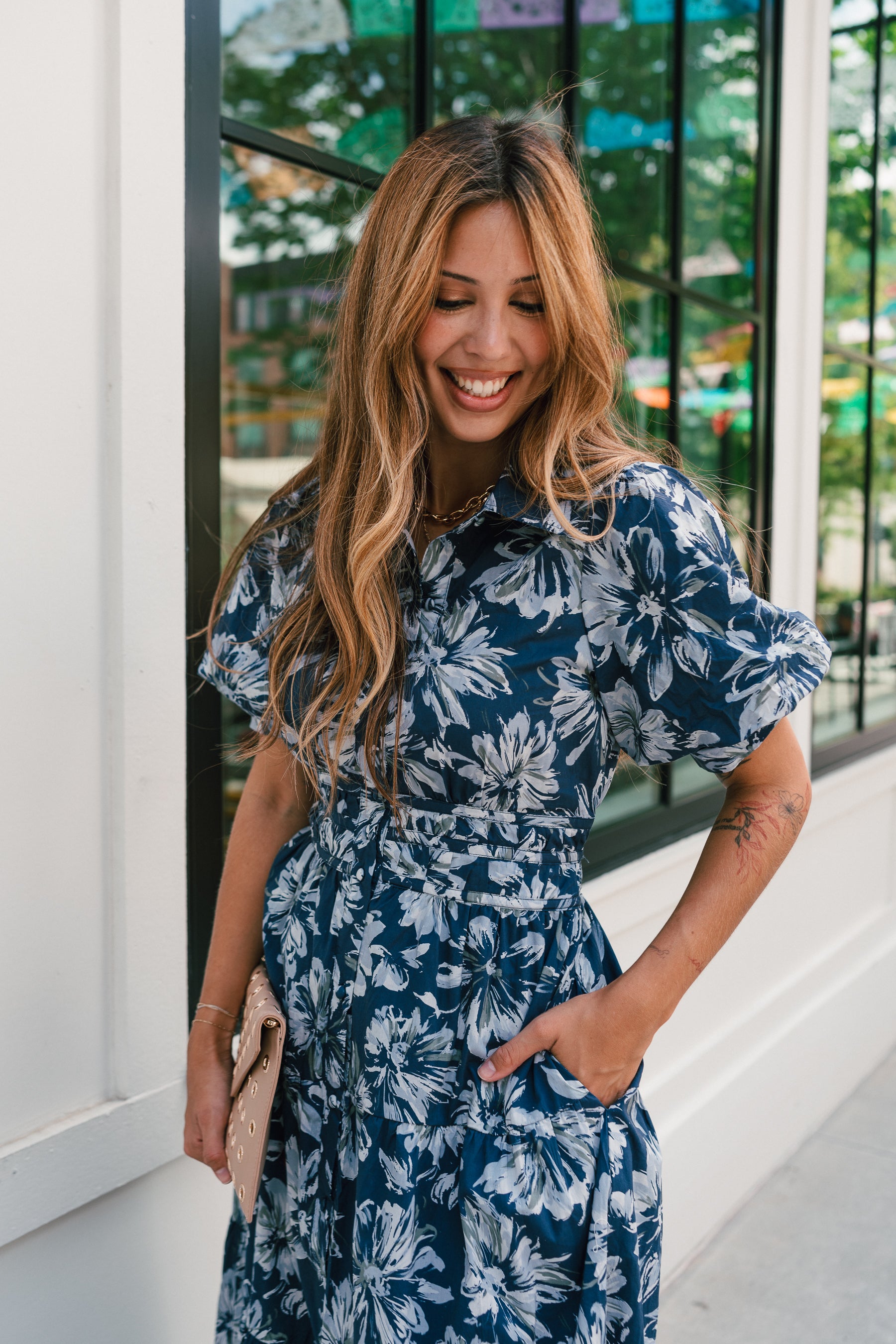 Abigail Blue Floral Short Sleeve Midi Dress - upper frontal/side view