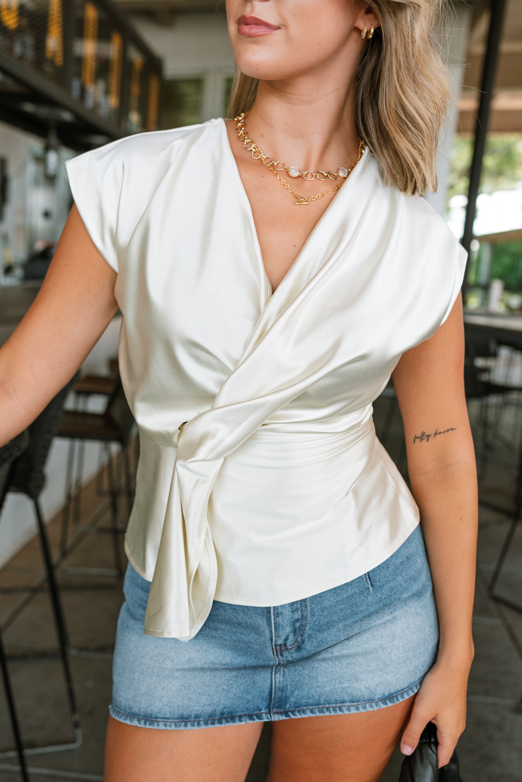 Liana Ivory Satin Twist Sleeveless Top- close up front top view