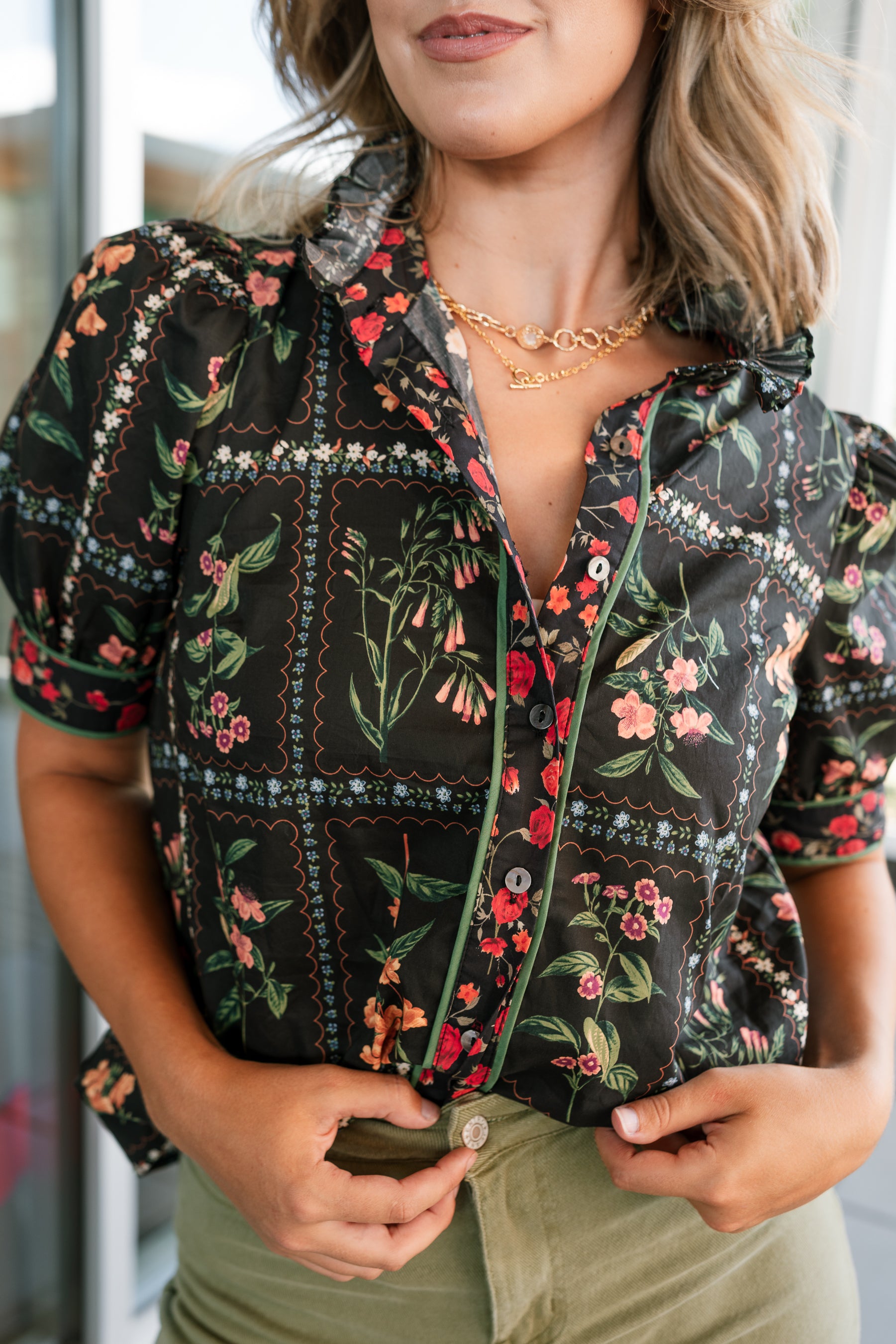 Juliette Black Multi Floral Top- close up front view