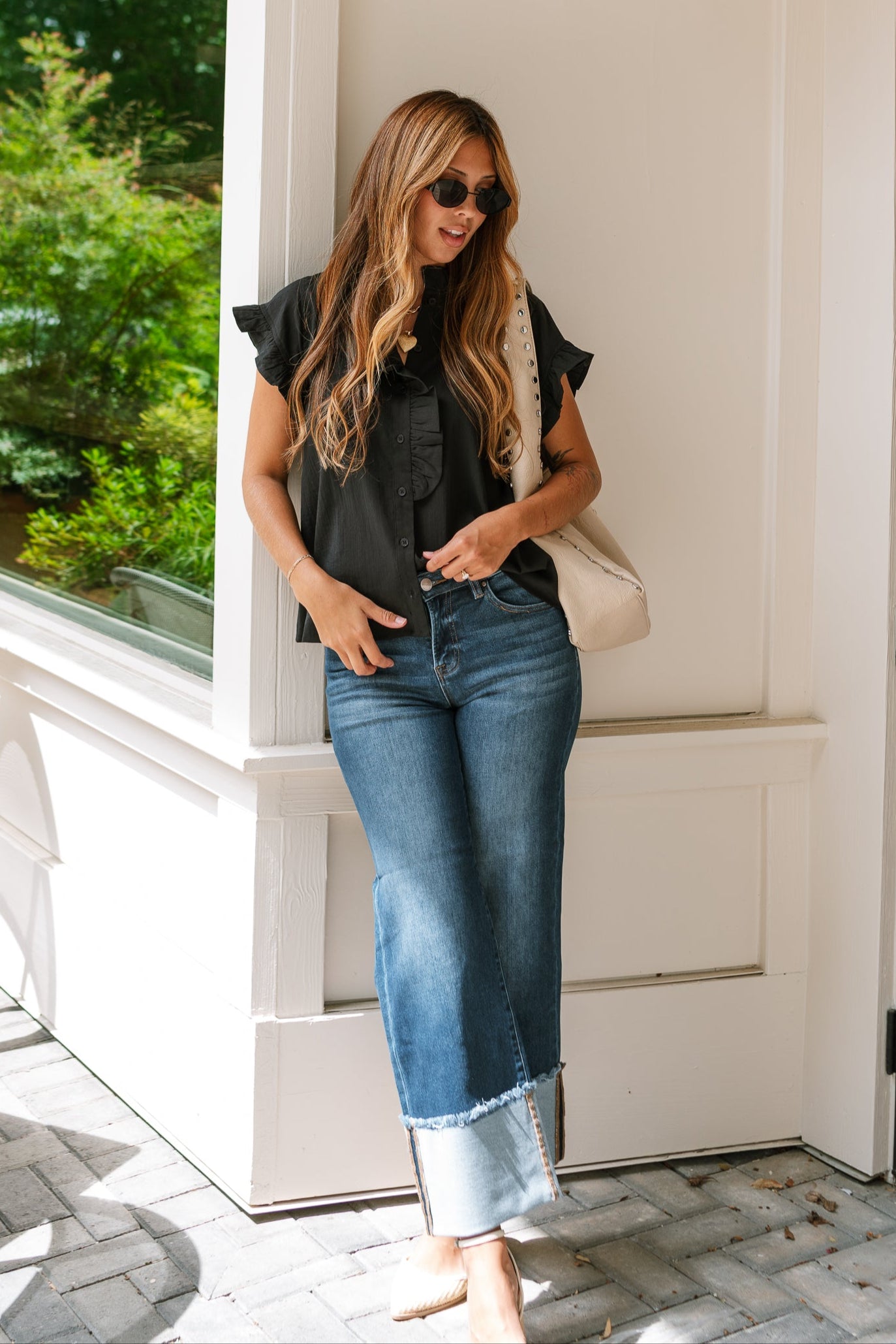 Victoria Black Ruffle Button-Up Top- full body view