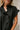 Victoria Black Ruffle Button-Up Top- close up shoulder view