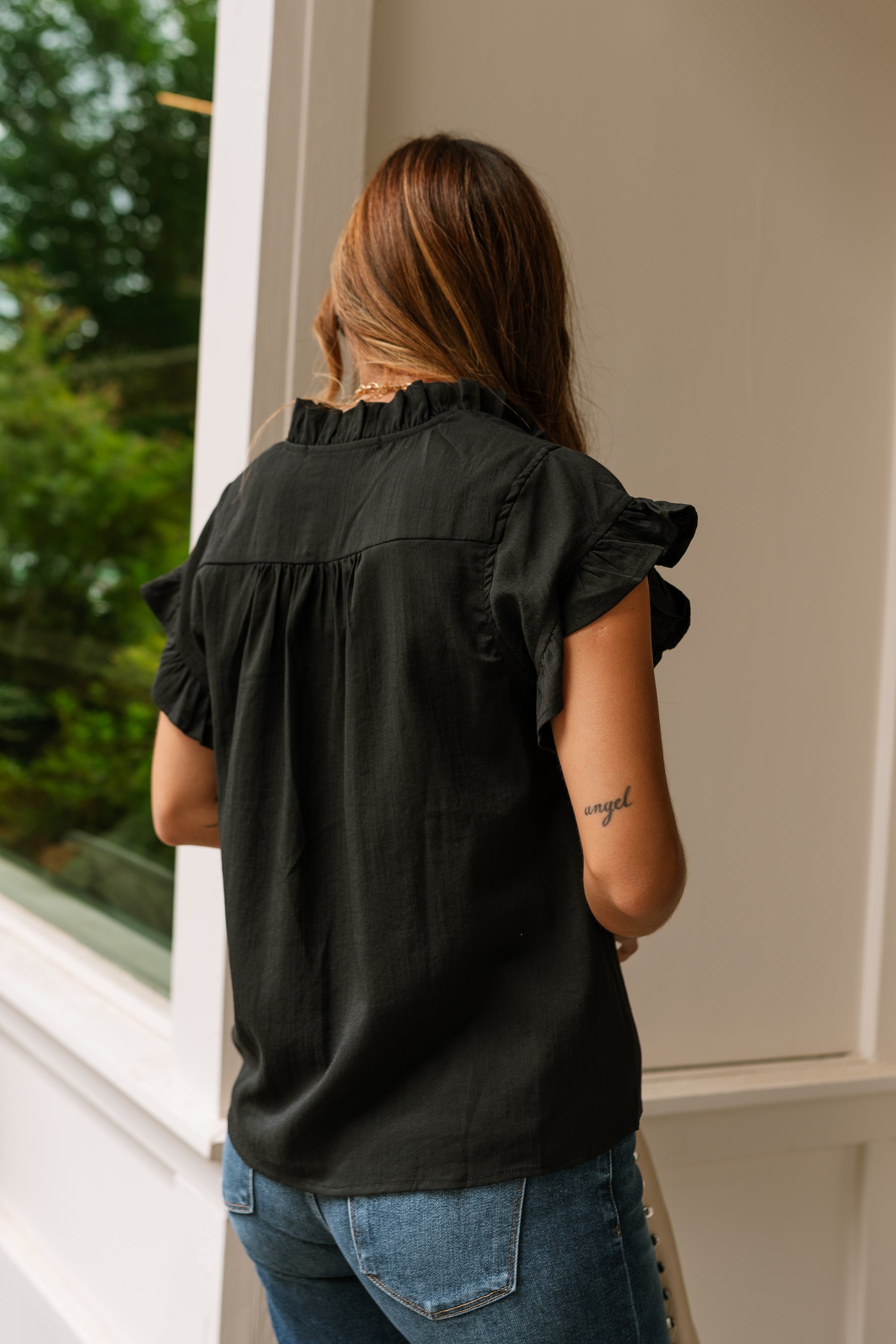 Victoria Black Ruffle Button-Up Top- back side view