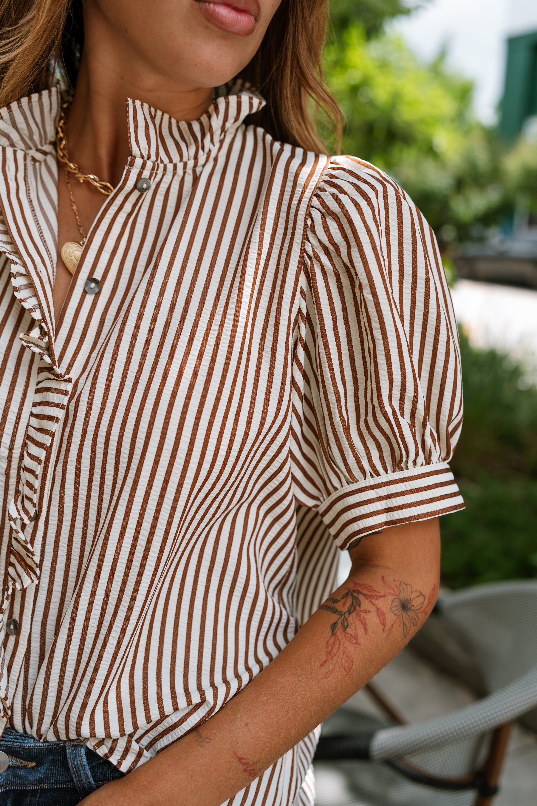 Nadia Brown & Cream Striped Puff Sleeve Top- close up top side view