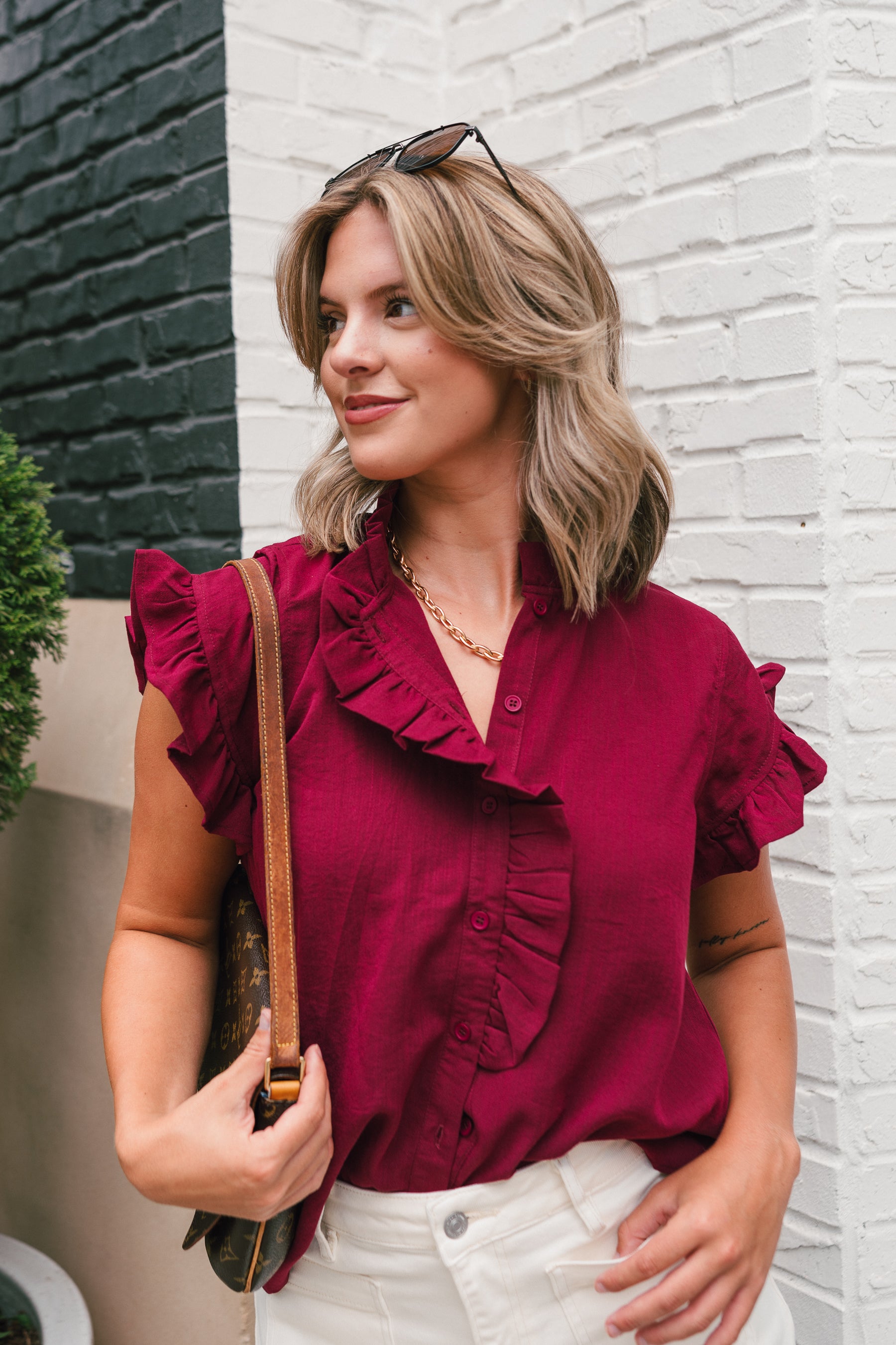 Victoria Burgundy Ruffle Button-Up Top - front view (tucked in)