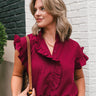 Victoria Burgundy Ruffle Button-Up Top - front view (tucked in)