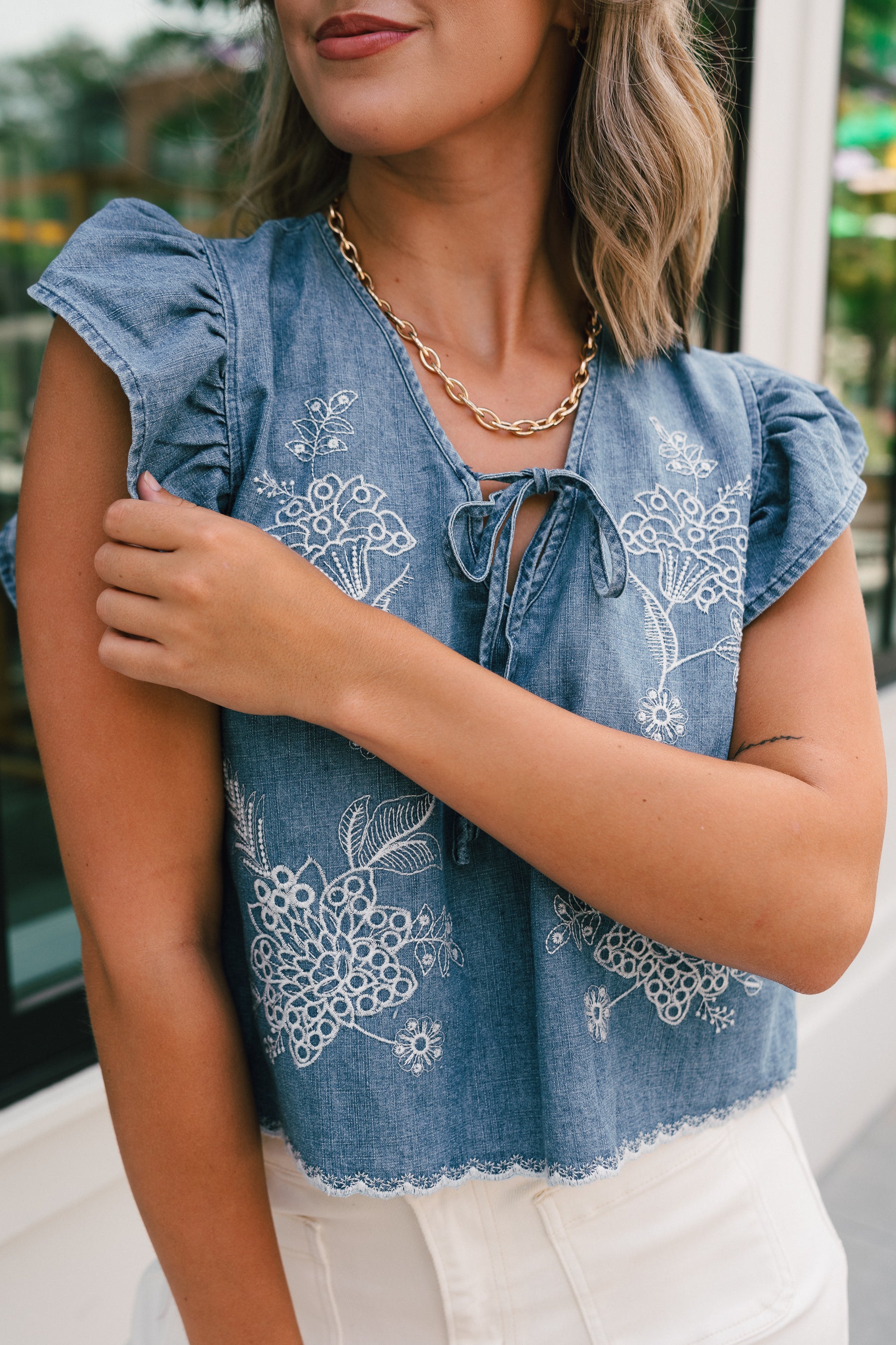 Blue Denim Embroidered Top | Floral Ruffle Sleeve Blouse - Lizard Thicket