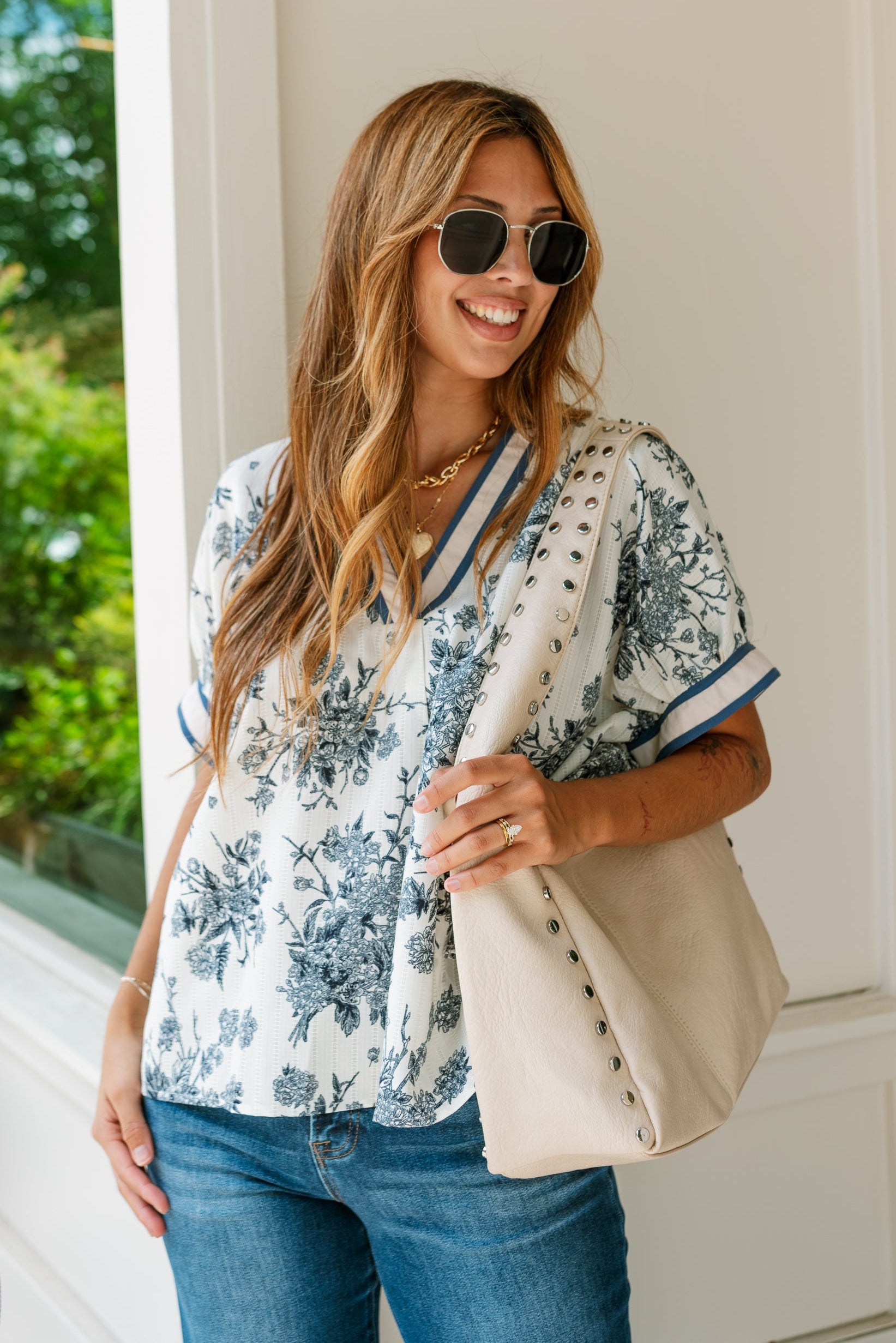 Anastasia Cream & Blue Floral Short Sleeve Top - front view