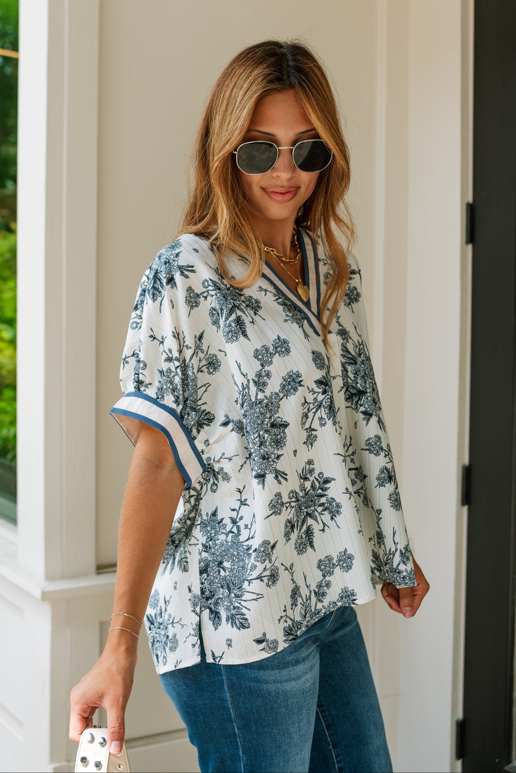 Anastasia Cream & Blue Floral Short Sleeve Top - side view