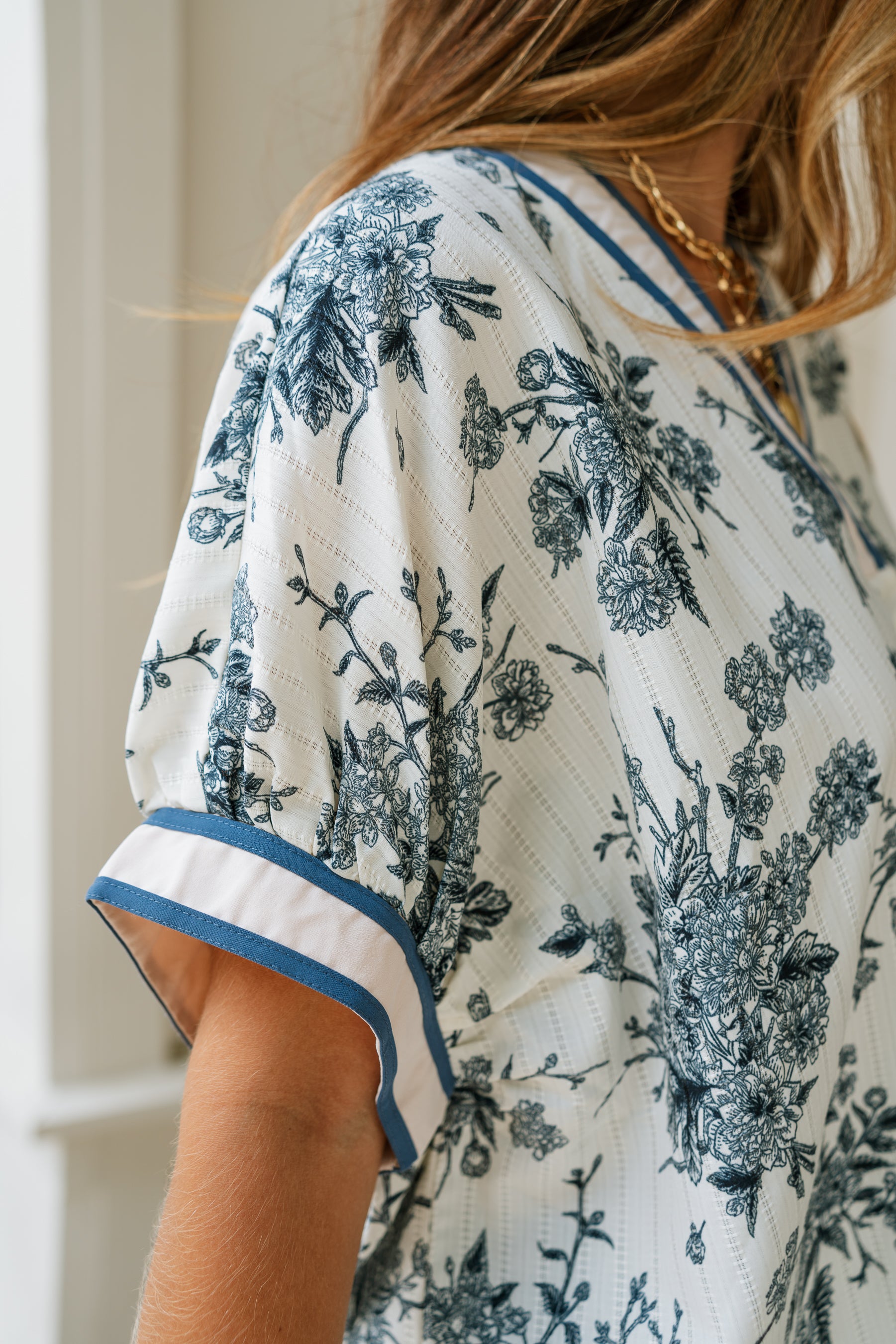 Anastasia Cream & Blue Floral Short Sleeve Top - close side view