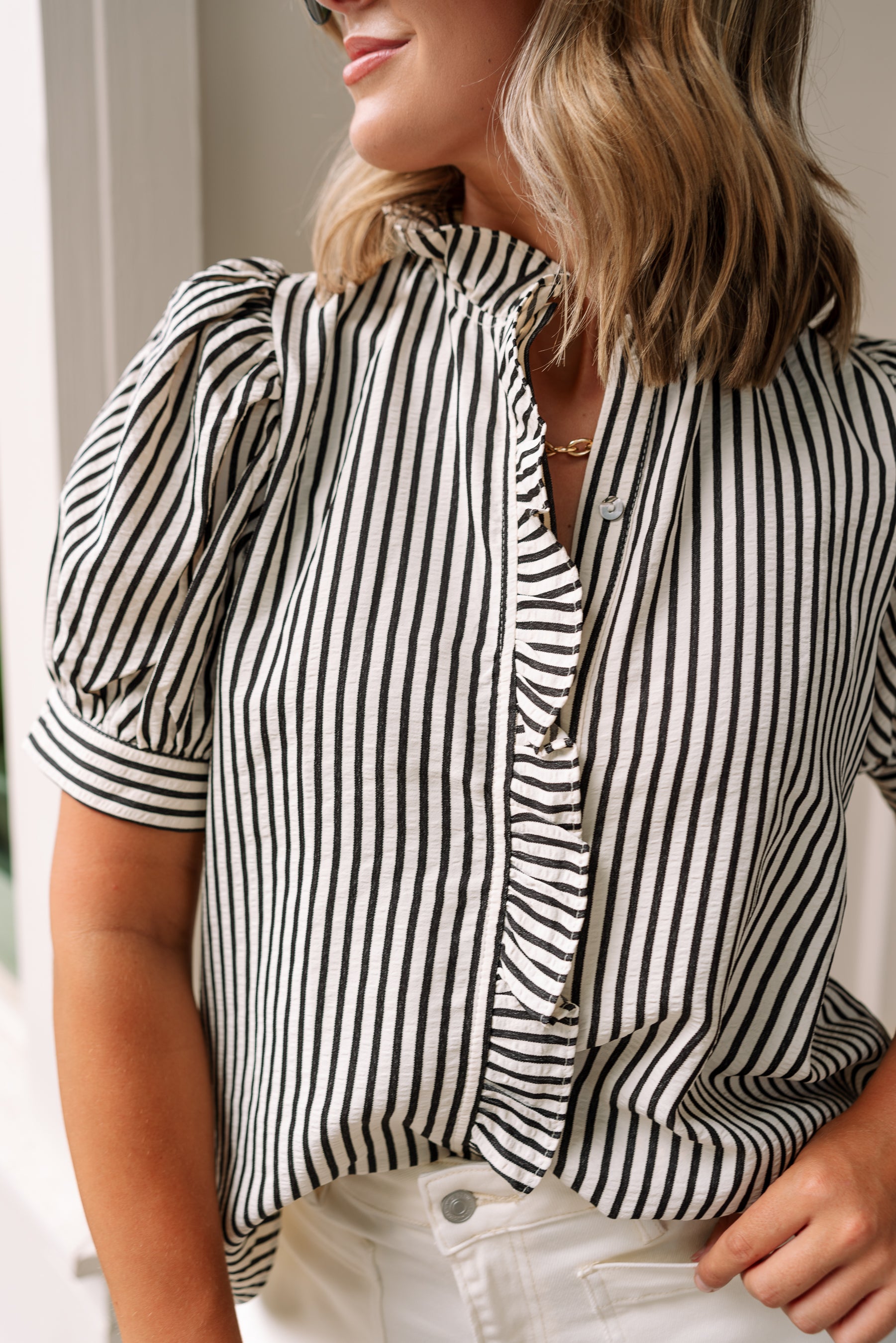 Nadia Black & Cream Striped Puff Sleeve Top - close up front view