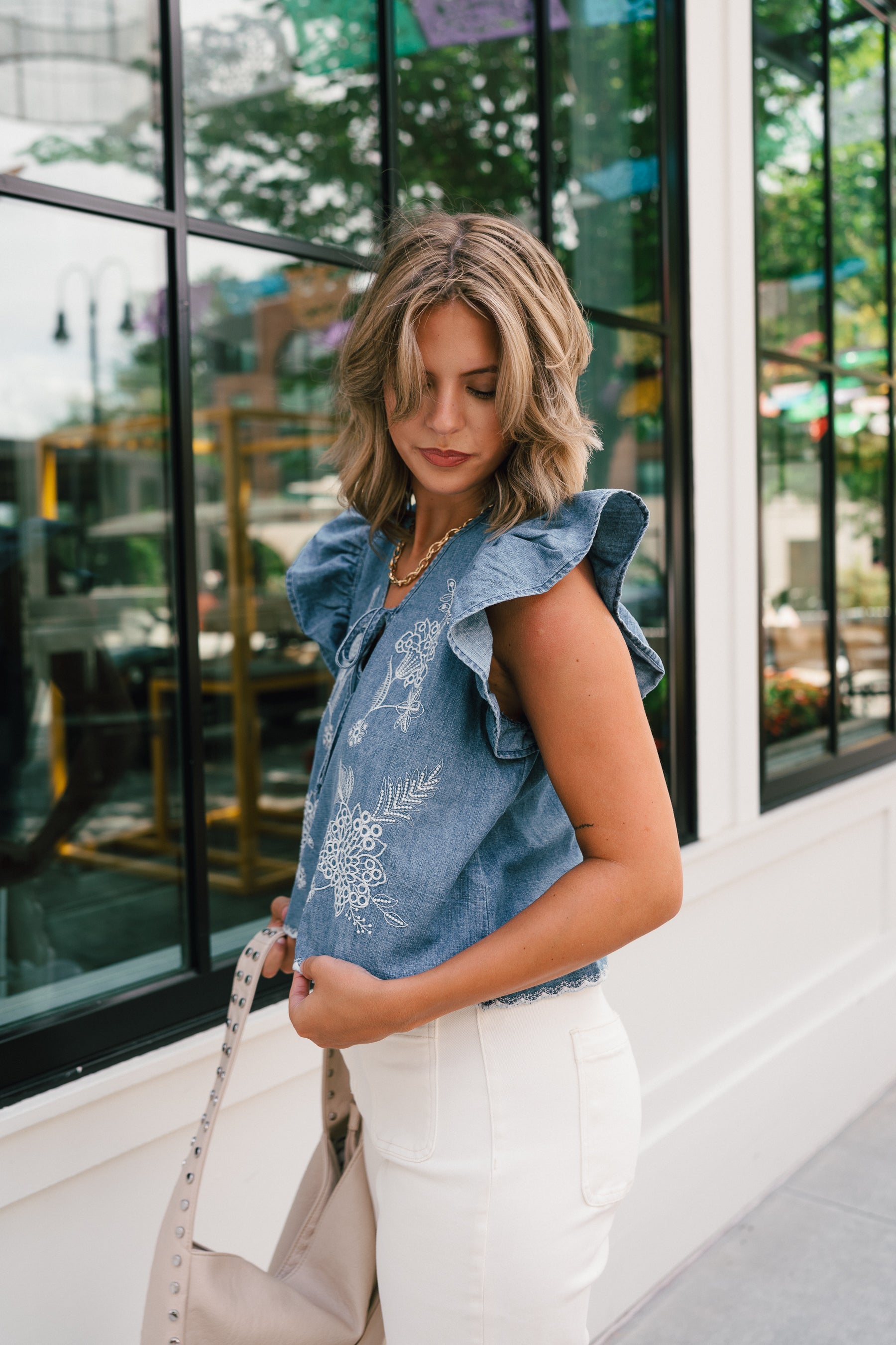 Blue Denim Embroidered Top | Floral Ruffle Sleeve Blouse - Lizard Thicket
