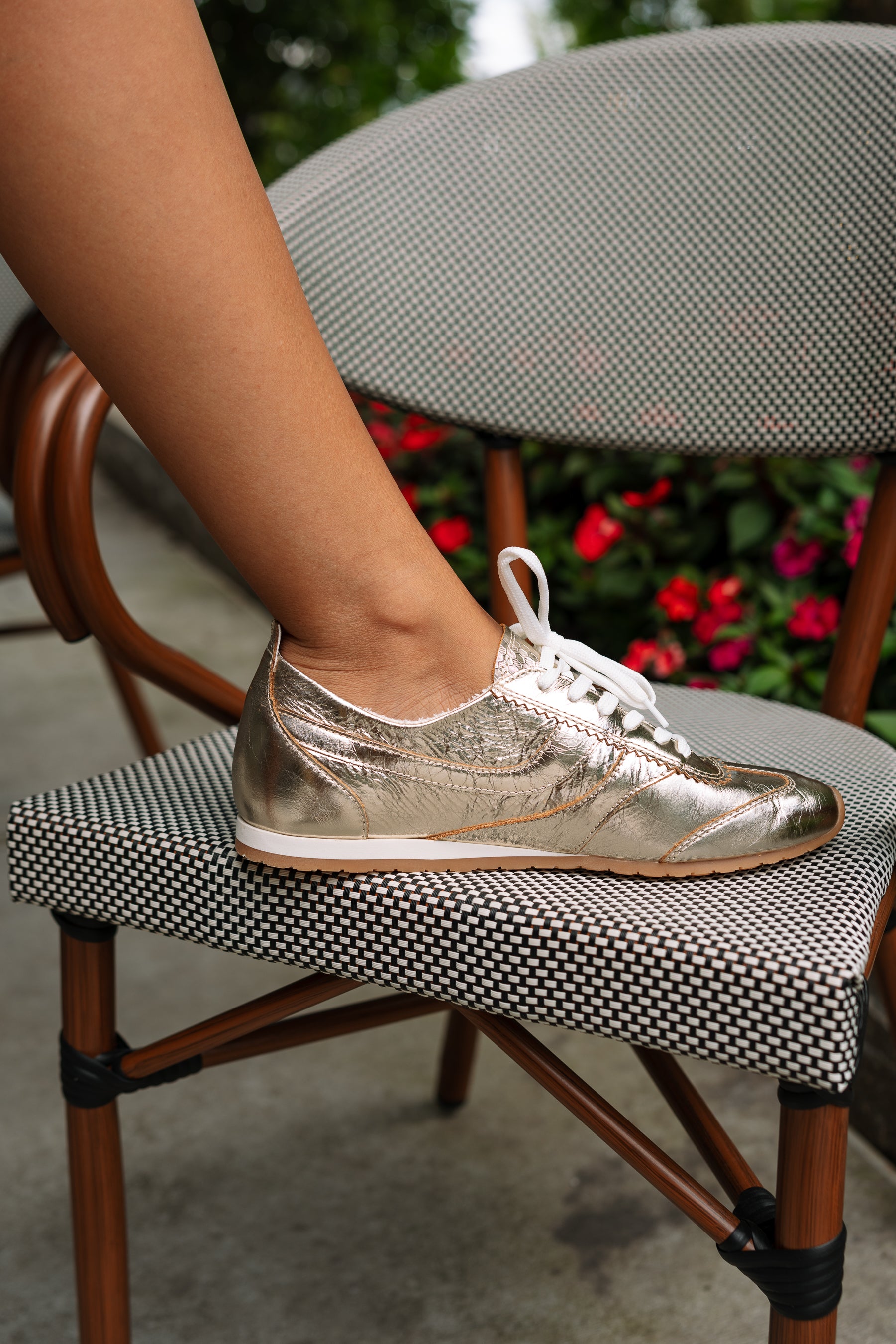 Dolce Vita Delany Light Gold Crinkle Patent Sneaker- left side view