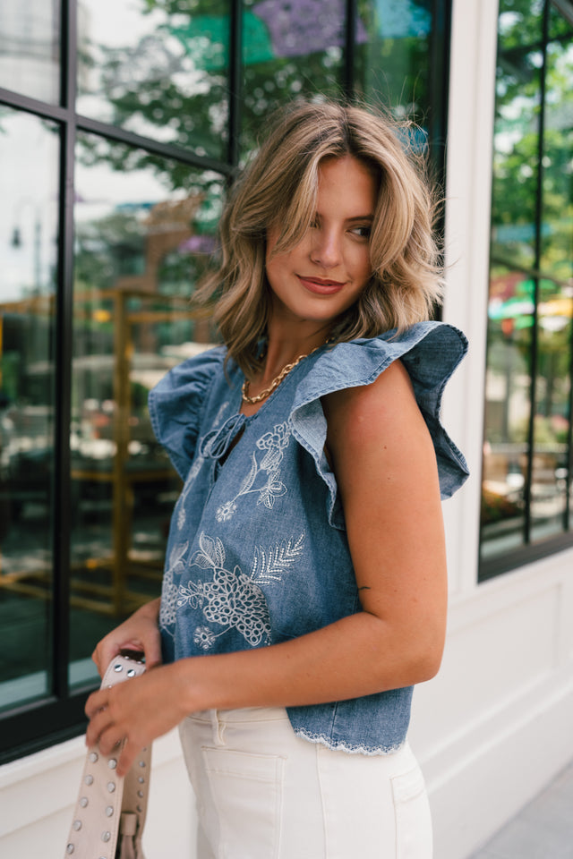 Blue Denim Embroidered Top | Floral Ruffle Sleeve Blouse - Lizard Thicket