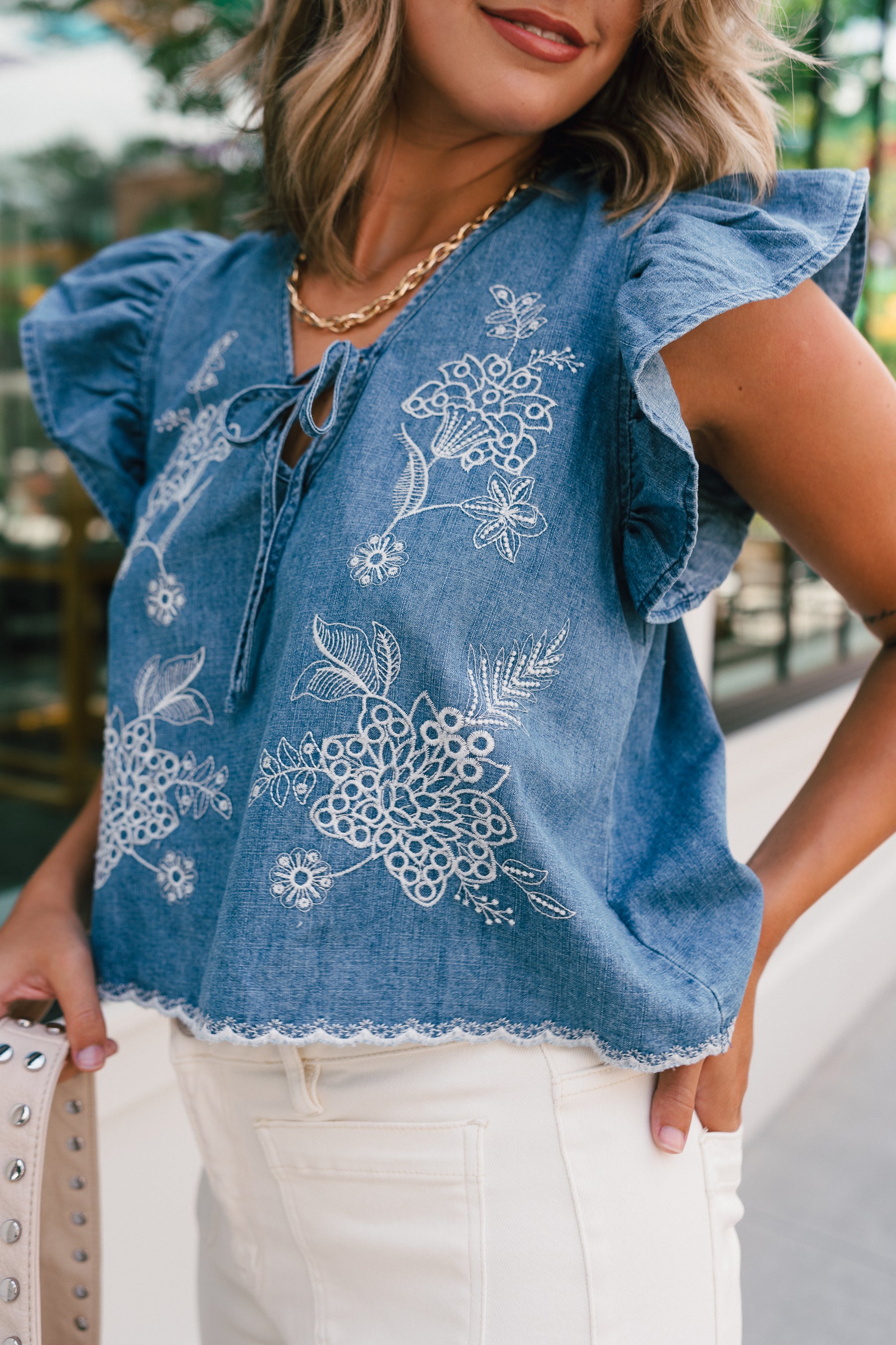 Blue Denim Embroidered Top | Floral Ruffle Sleeve Blouse - Lizard Thicket