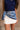 Cali Blue & Ivory Printed Satin Scarf - tied front view