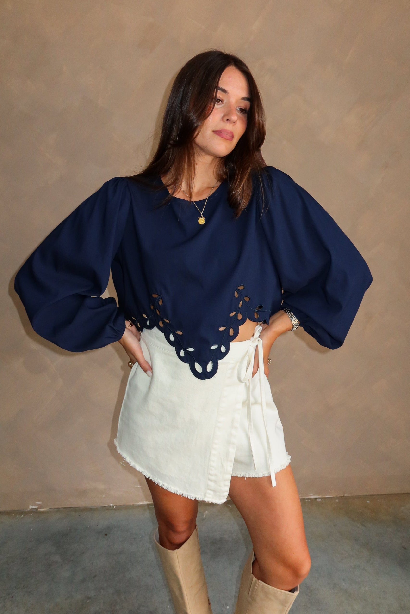 Mila Navy Eyelet Cropped Long Sleeve Top - front 