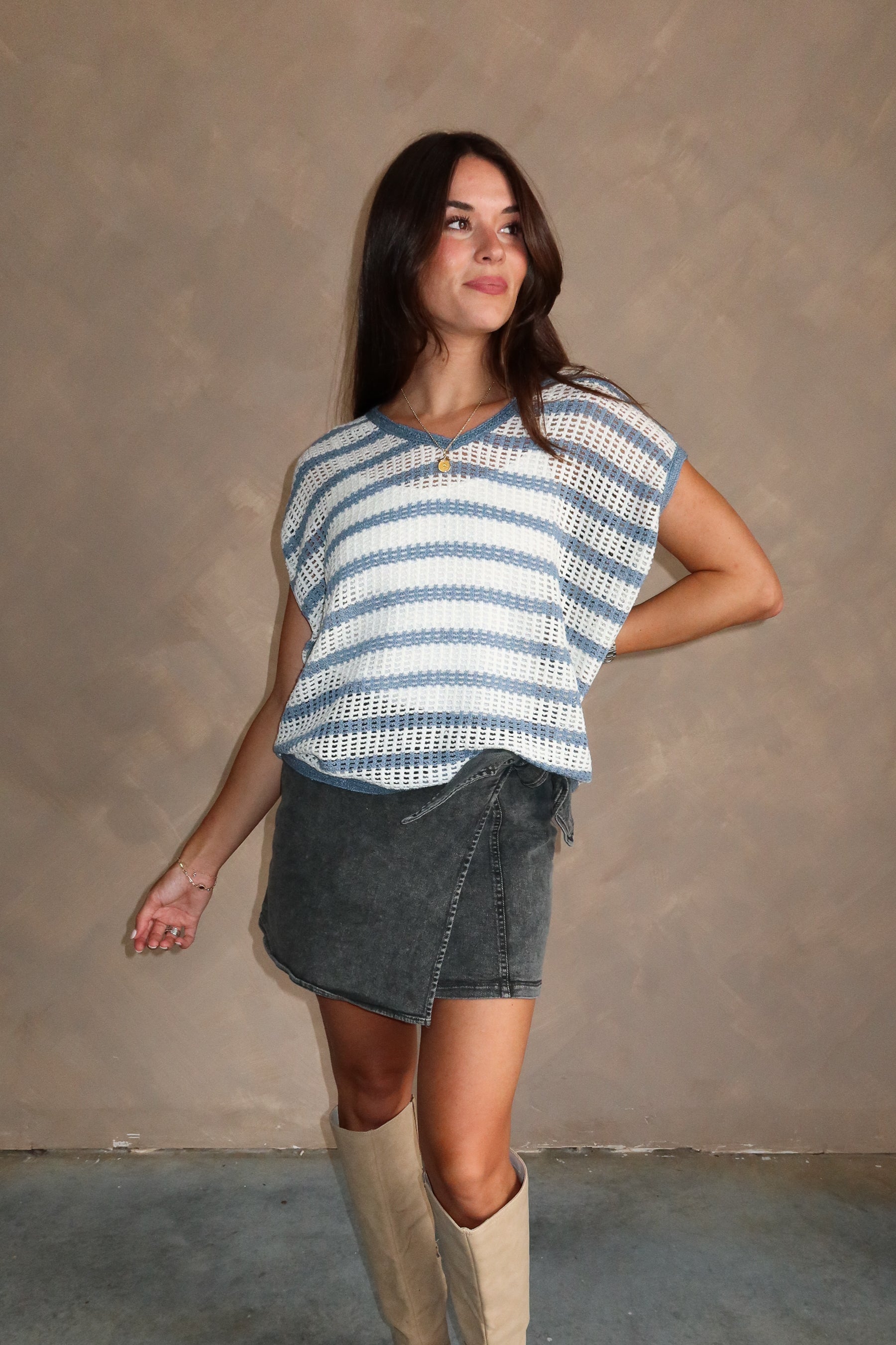 Logan White & Blue Striped Open Knit Top - front 