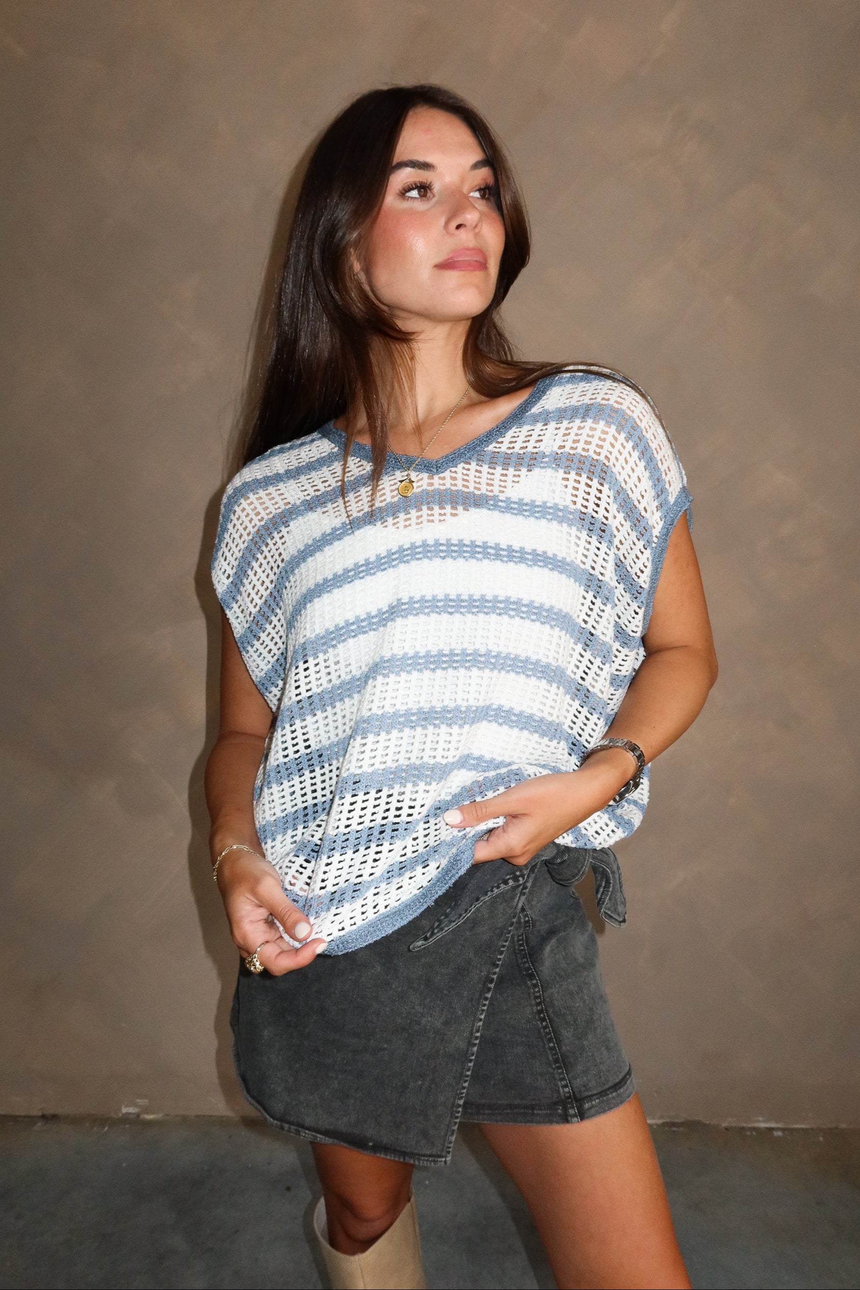 Logan White & Blue Striped Open Knit Top - front view