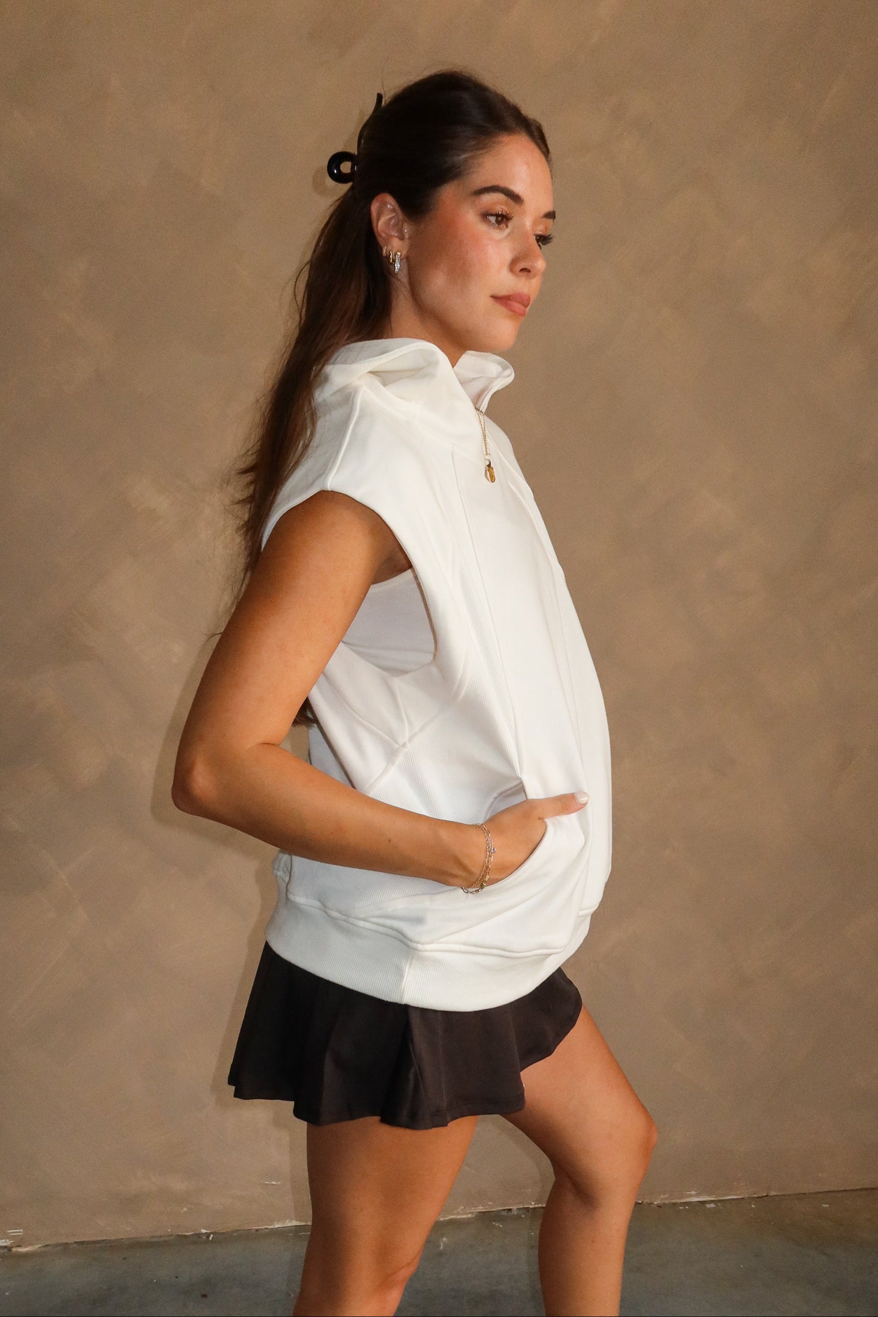 Zoe White Hoodie Sleeveless Tank- side view