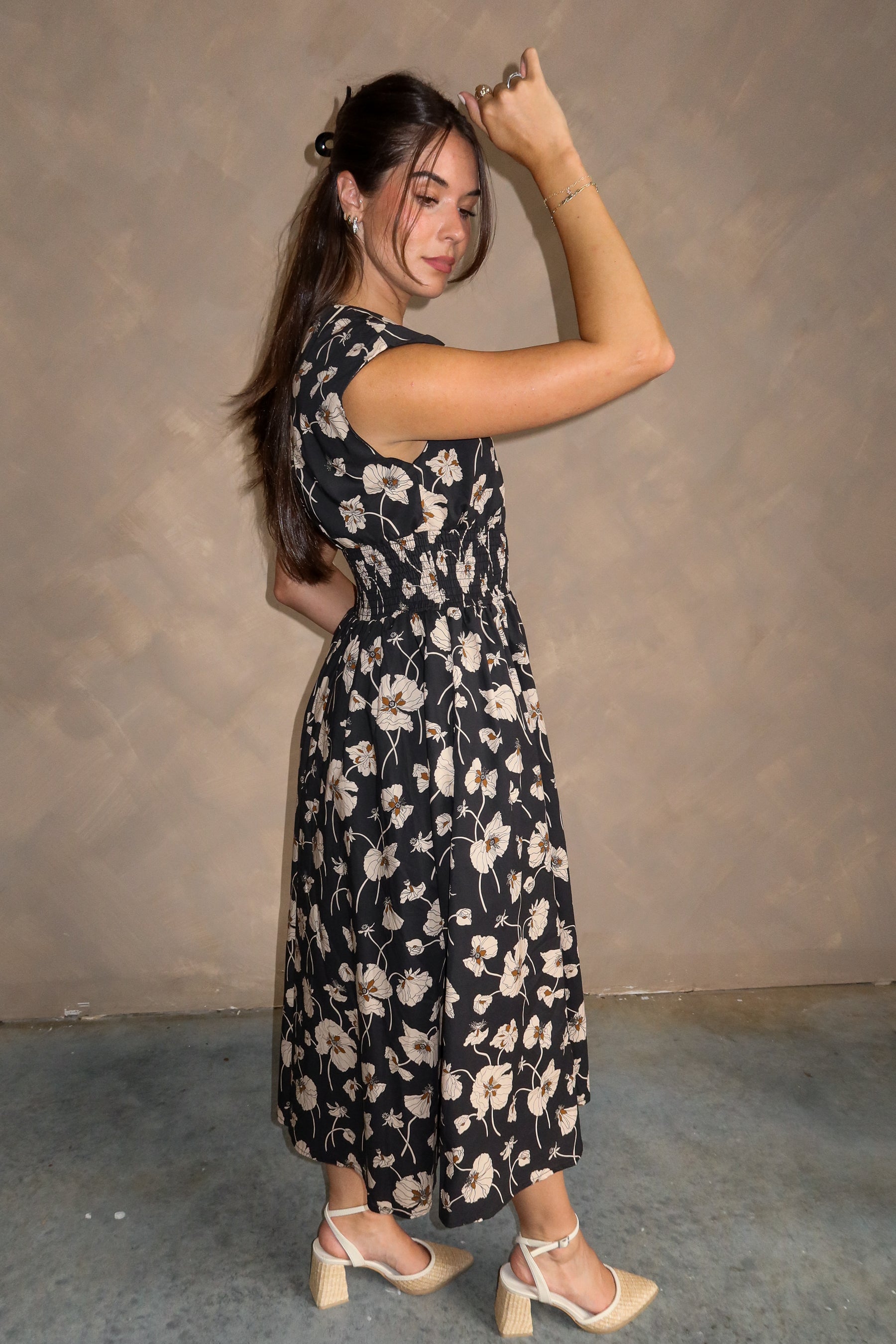 Stella Black Floral Zip-Up Midi Dress- full side view
